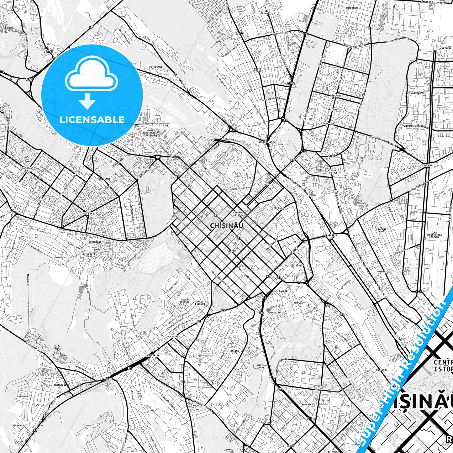 Chișinău, Moldova Light Map with Street Names, City Names, and Districts