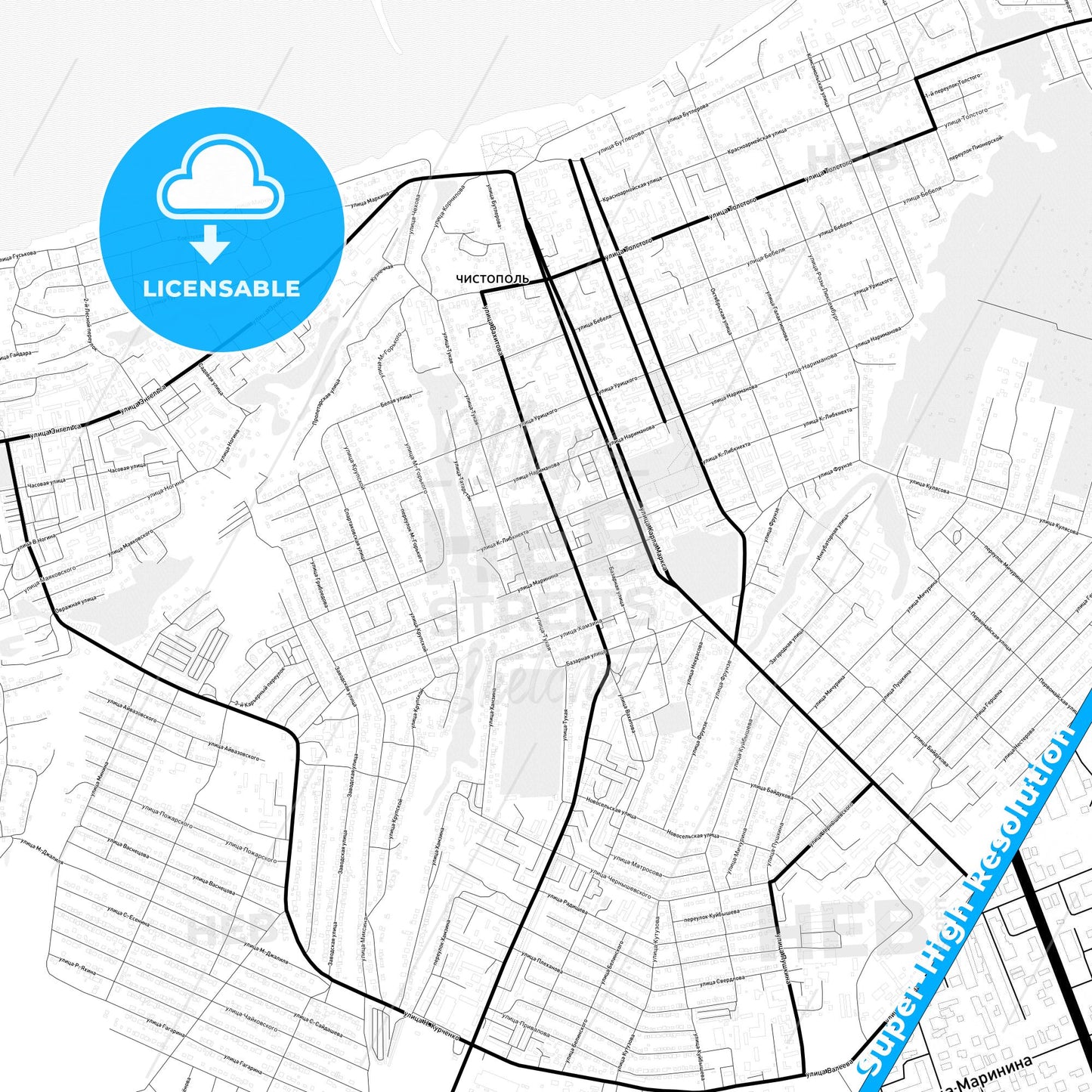 Chistopol, Russia Light Map with Street Names, City Names, and Districts