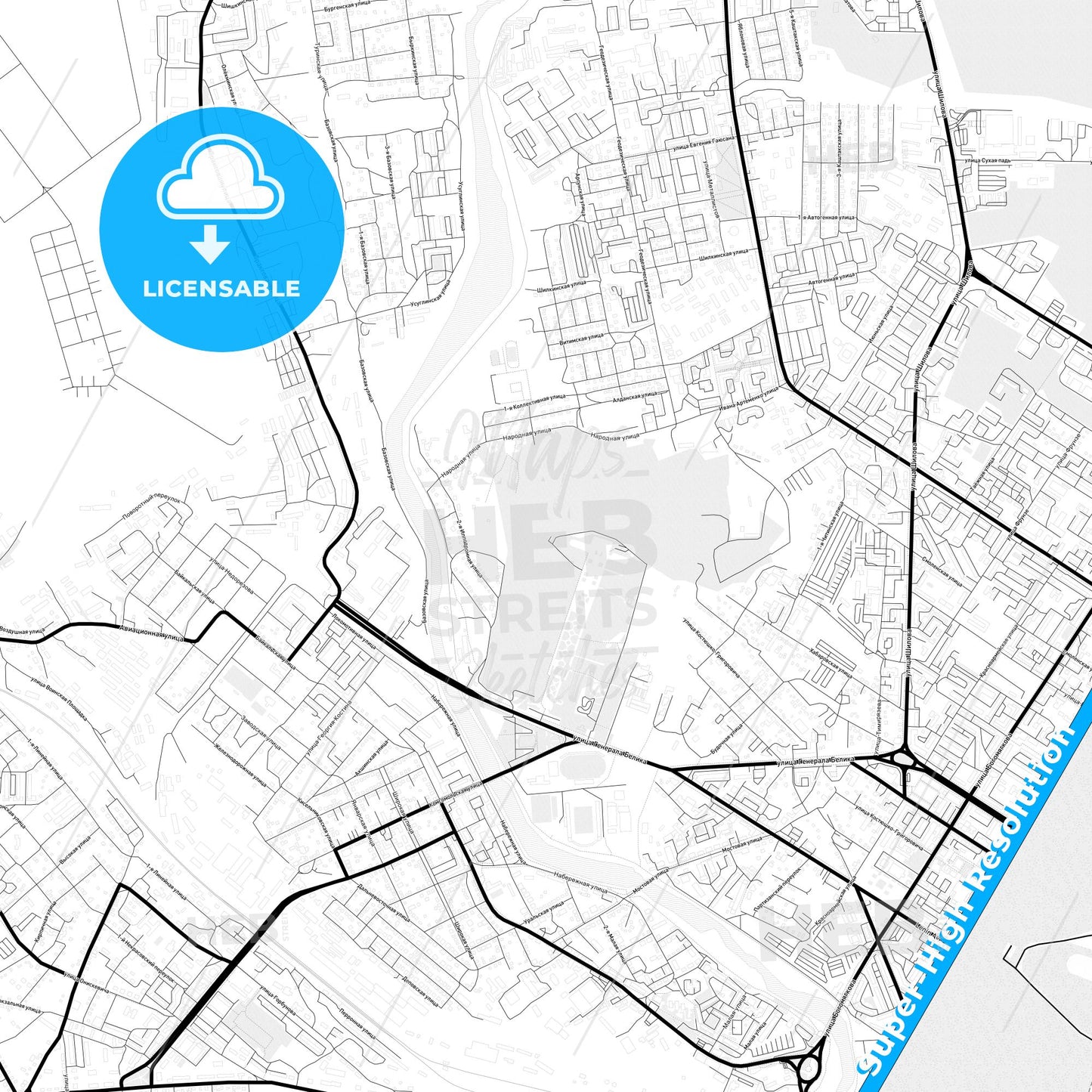 Chita, Russia Light Map with Street Names, City Names, and Districts