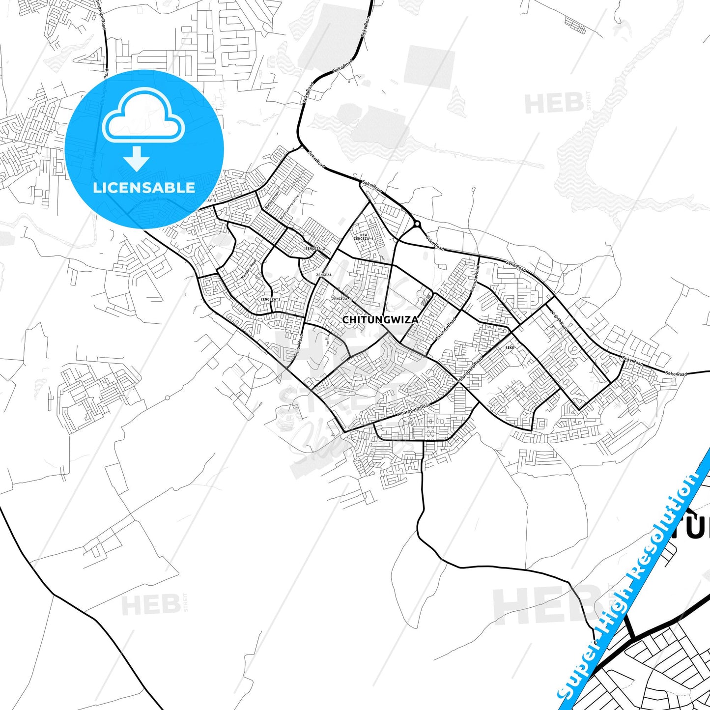 Chitungwiza, Zimbabwe Light Map with Street Names, City Names, and Districts