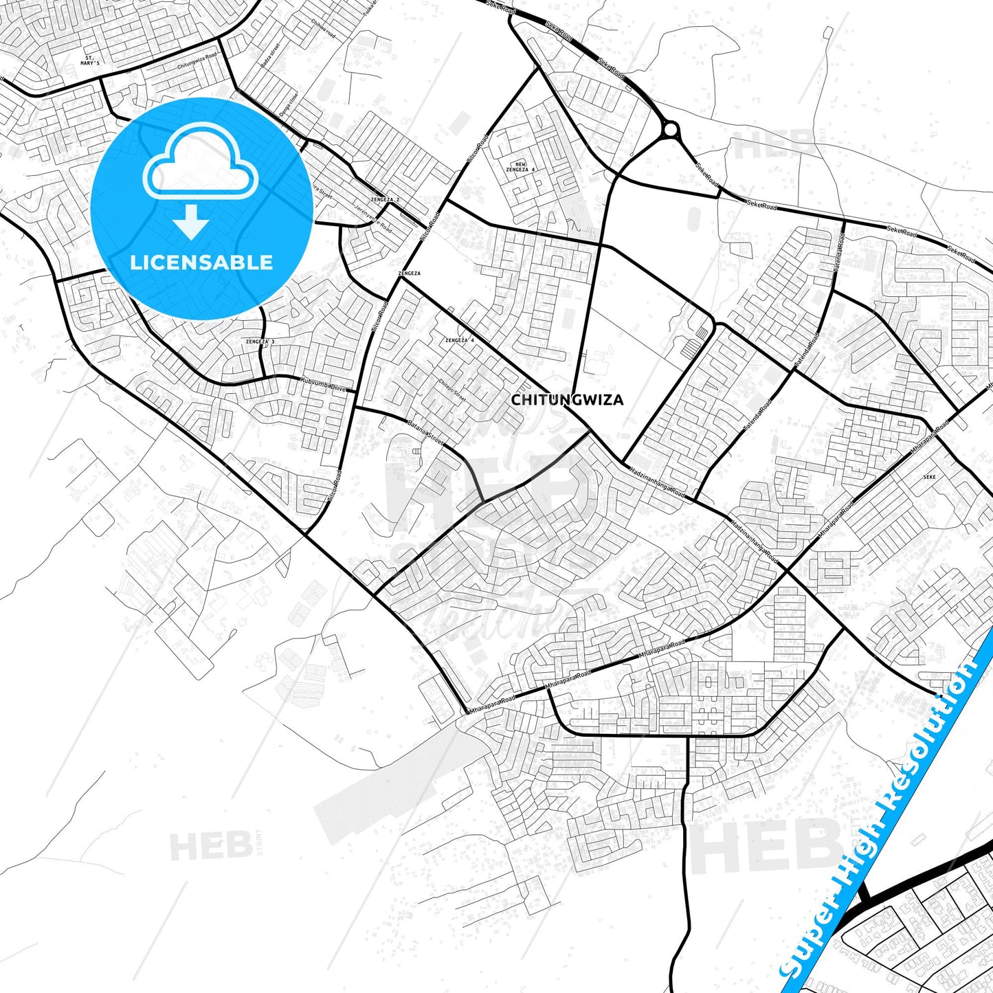 Chitungwiza, Zimbabwe Light Map with Street Names, City Names, and Districts