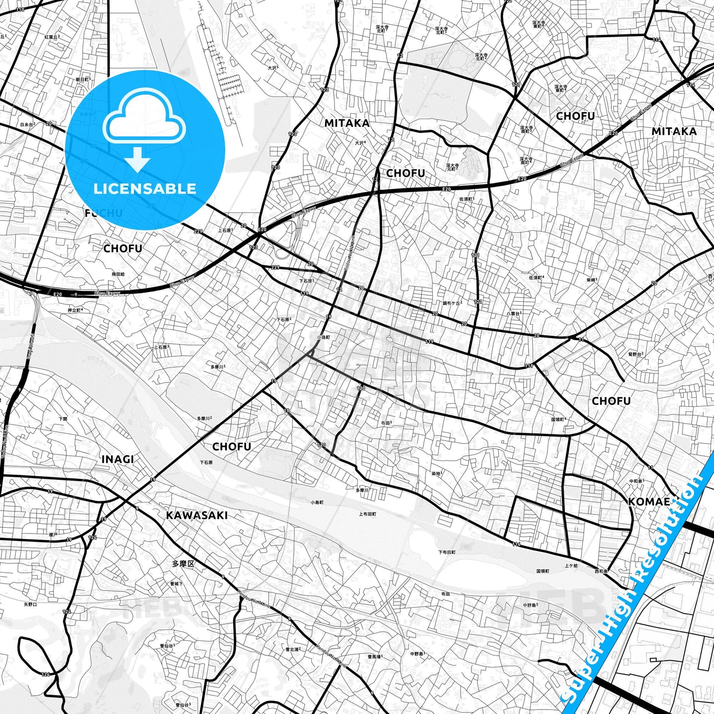 Chōfu, Japan Light Map with Street Names, City Names, and Districts
