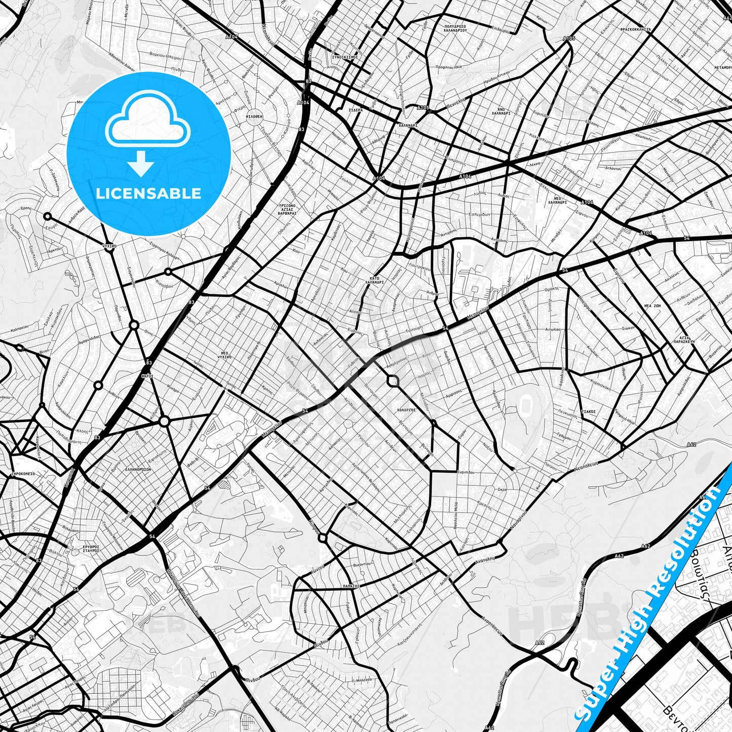 Cholargos, Greece Light Map with Street Names, City Names, and Districts
