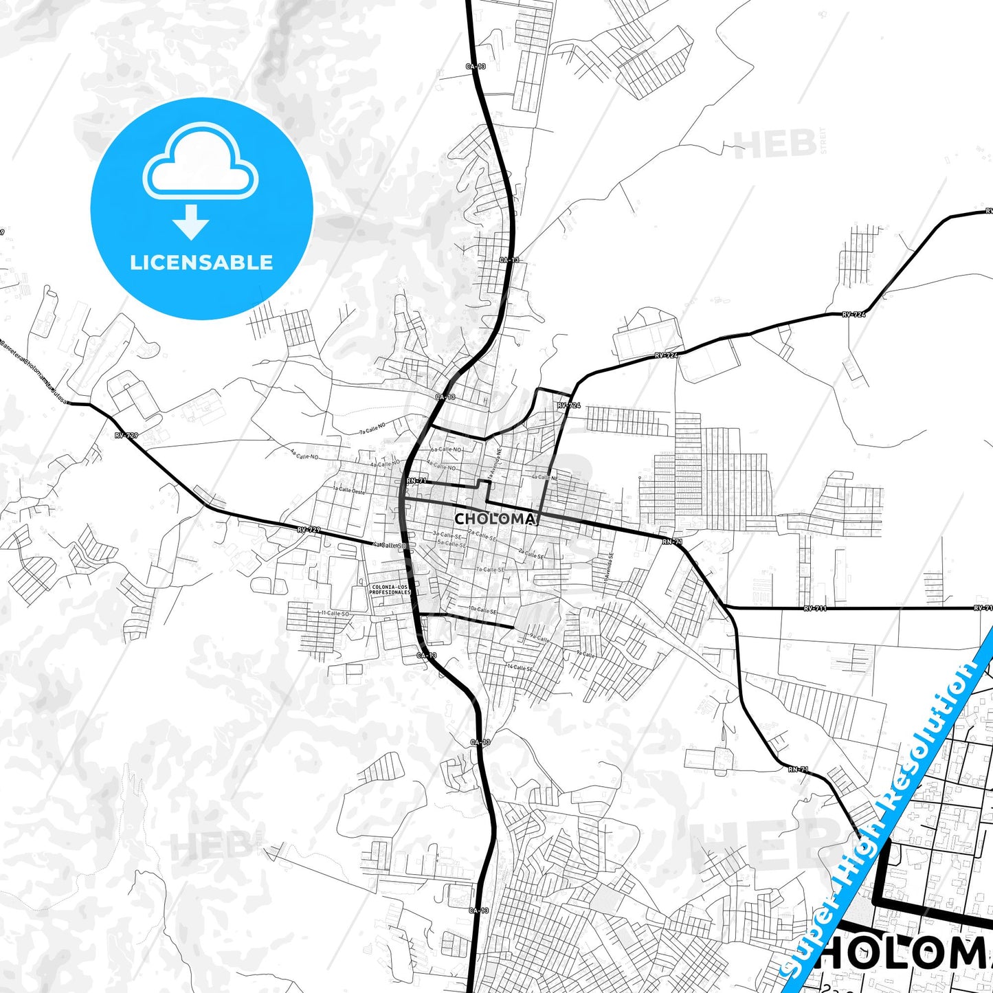 Choloma, Honduras Light Map with Street Names, City Names, and Districts
