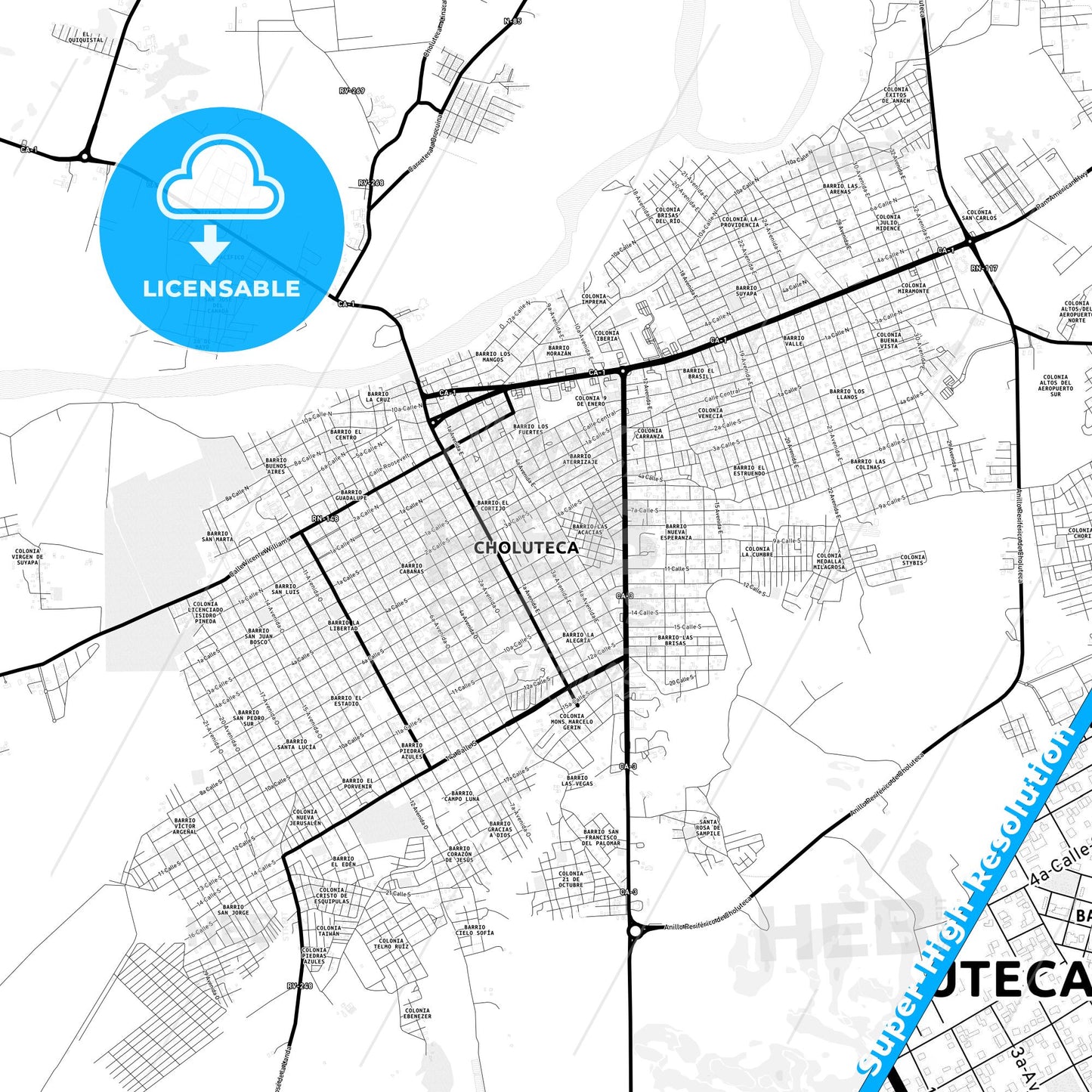 Choluteca, Honduras Light Map with Street Names, City Names, and Districts
