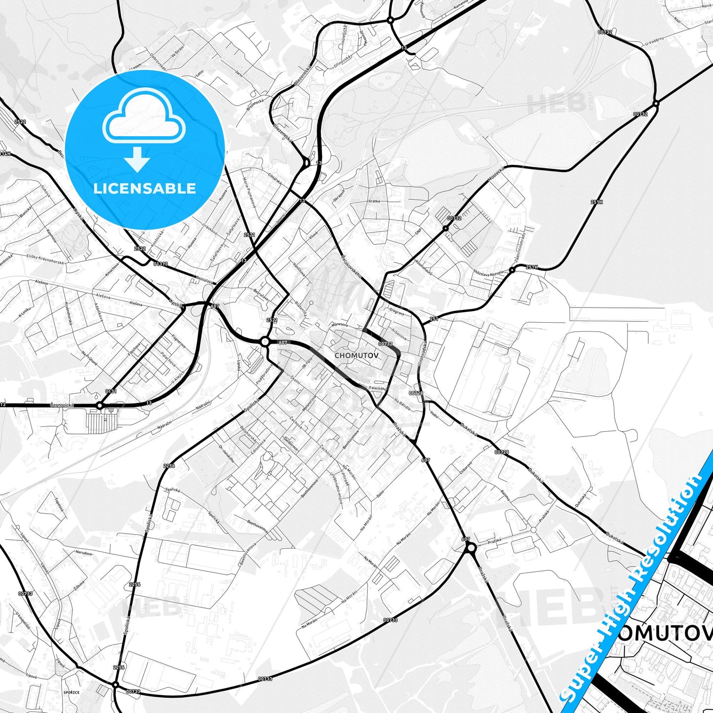 Chomutov, Czechia Light Map with Street Names, City Names, and Districts
