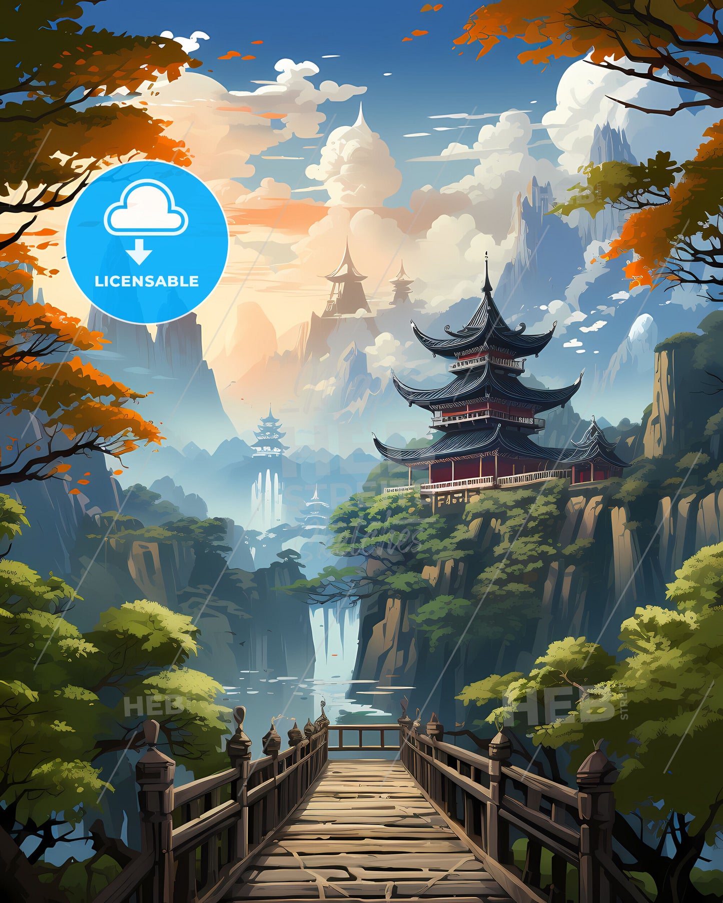 Painted Skyline View of Chongqing China Mountain Bridge Pagoda Waterfall