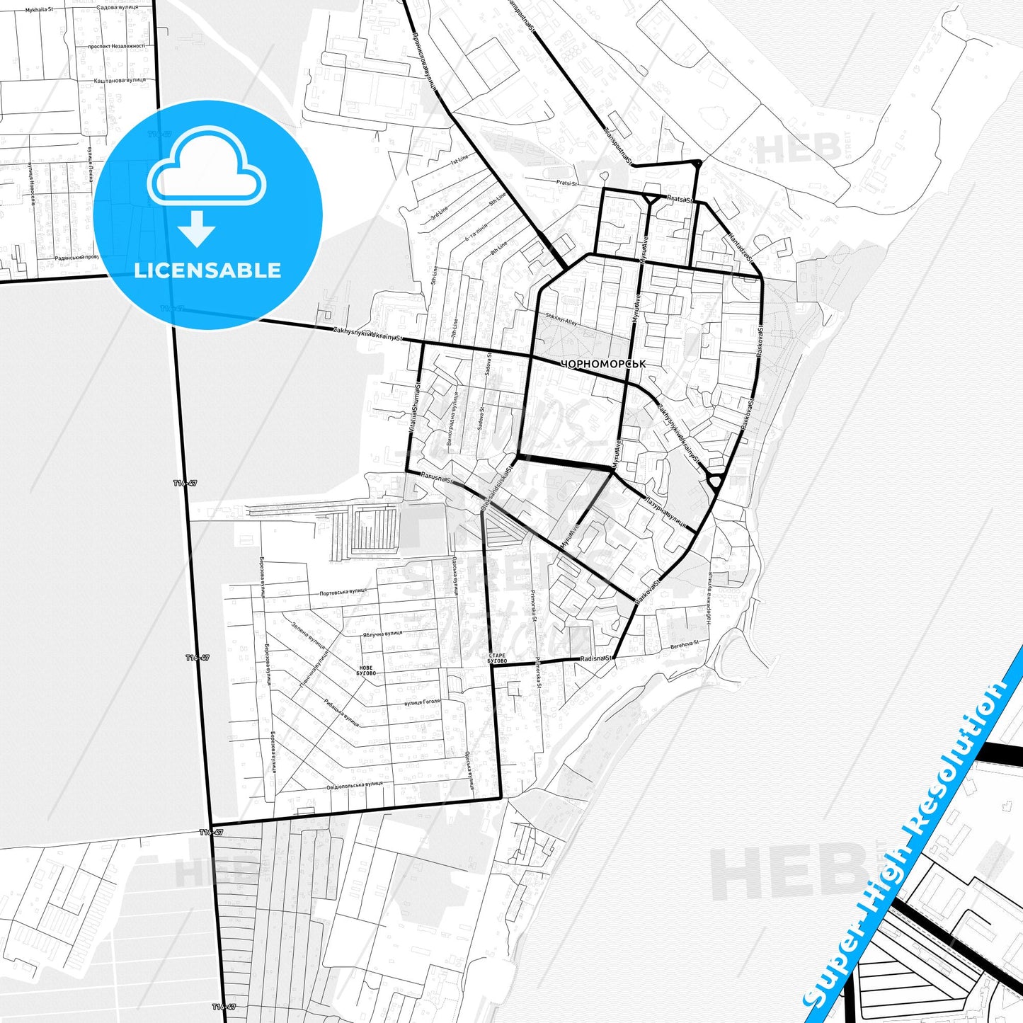 Chornomorsk, Ukraine Light Map with Street Names, City Names, and Districts