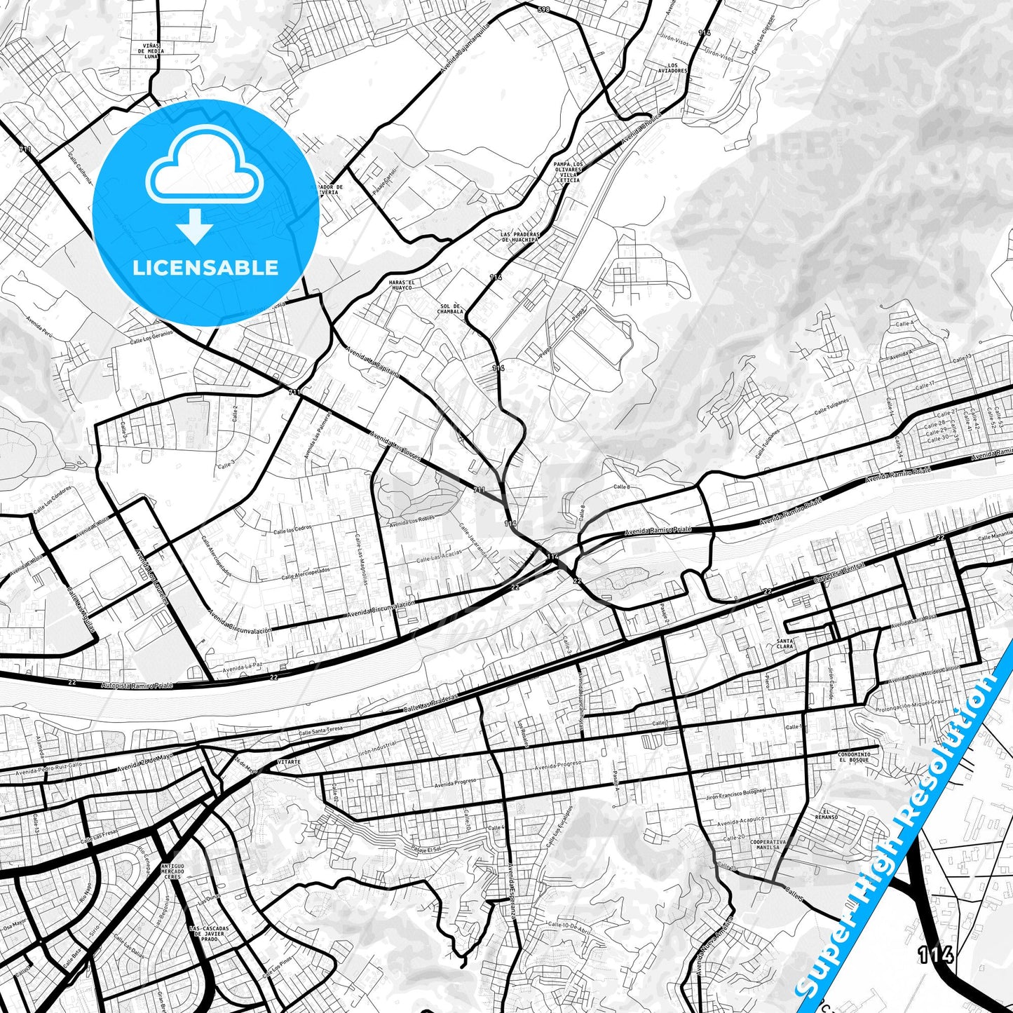 Chosica, Peru Light Map with Street Names, City Names, and Districts
