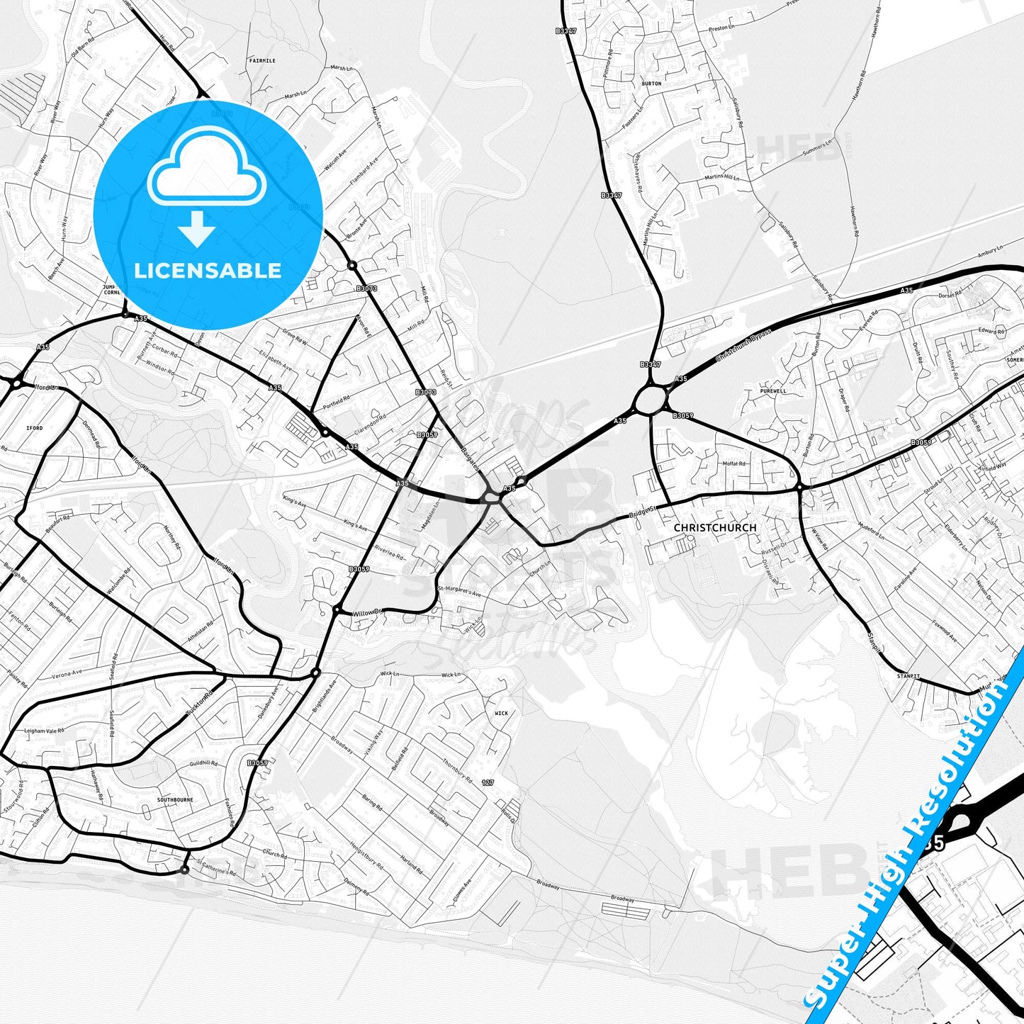 Christchurch, England Light Map with Street Names, City Names, and Districts