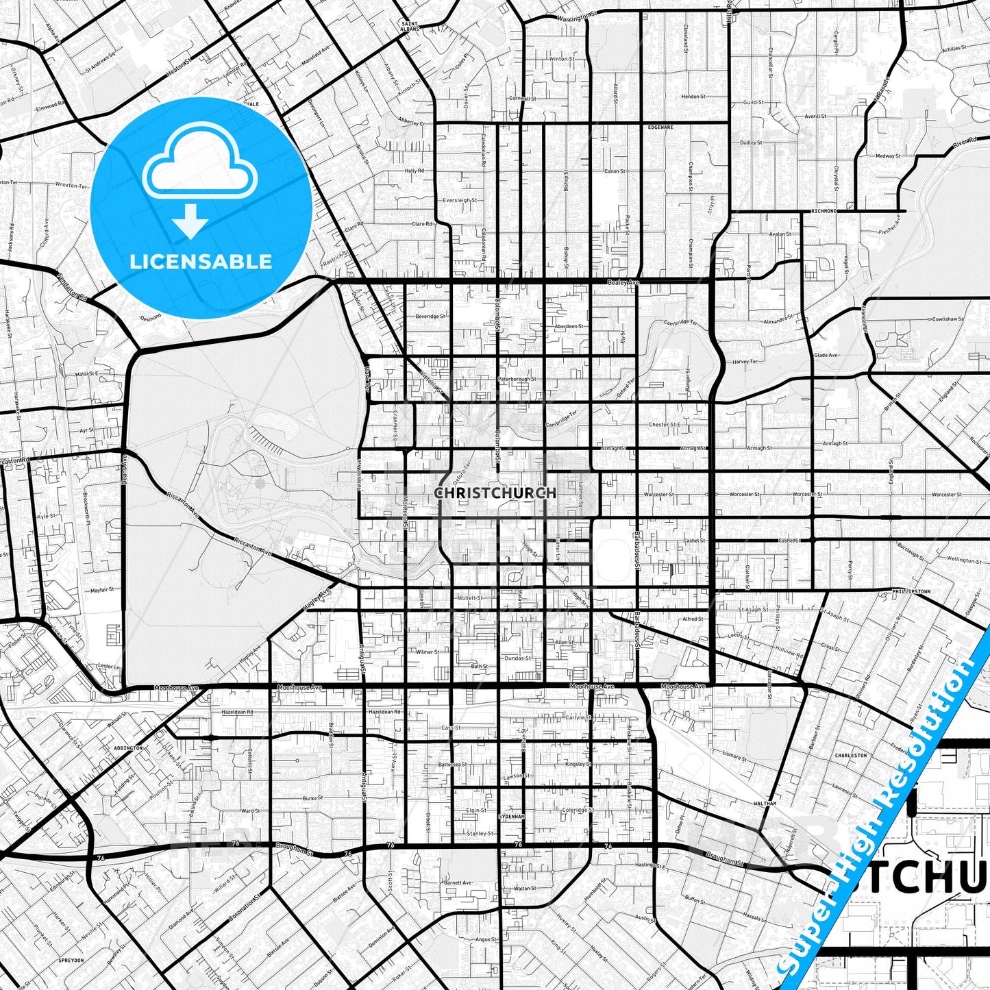 Christchurch, New Zealand Light Map with Street Names, City Names, and Districts