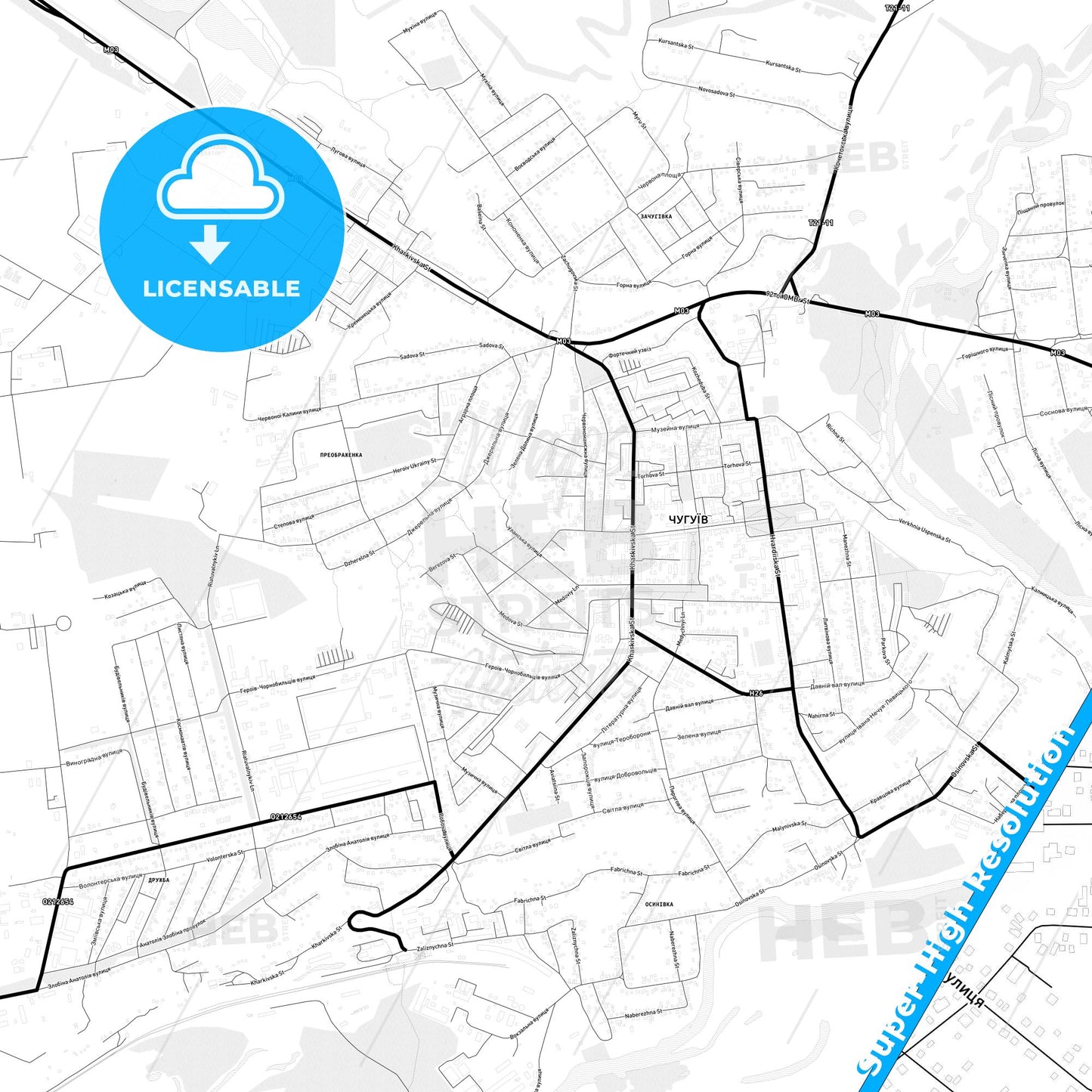 Chuhuiv, Ukraine Light Map with Street Names, City Names, and Districts