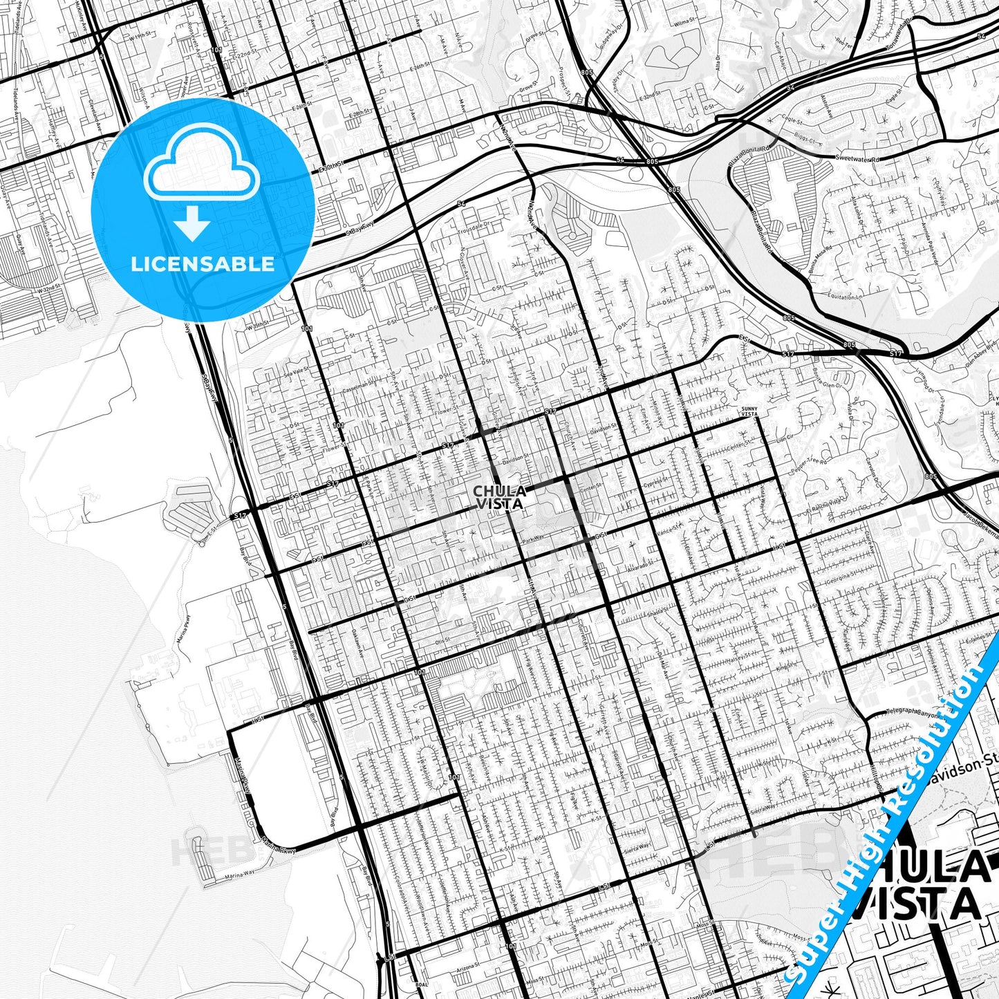 Chula Vista, California Light Map with Street Names, City Names, and Districts
