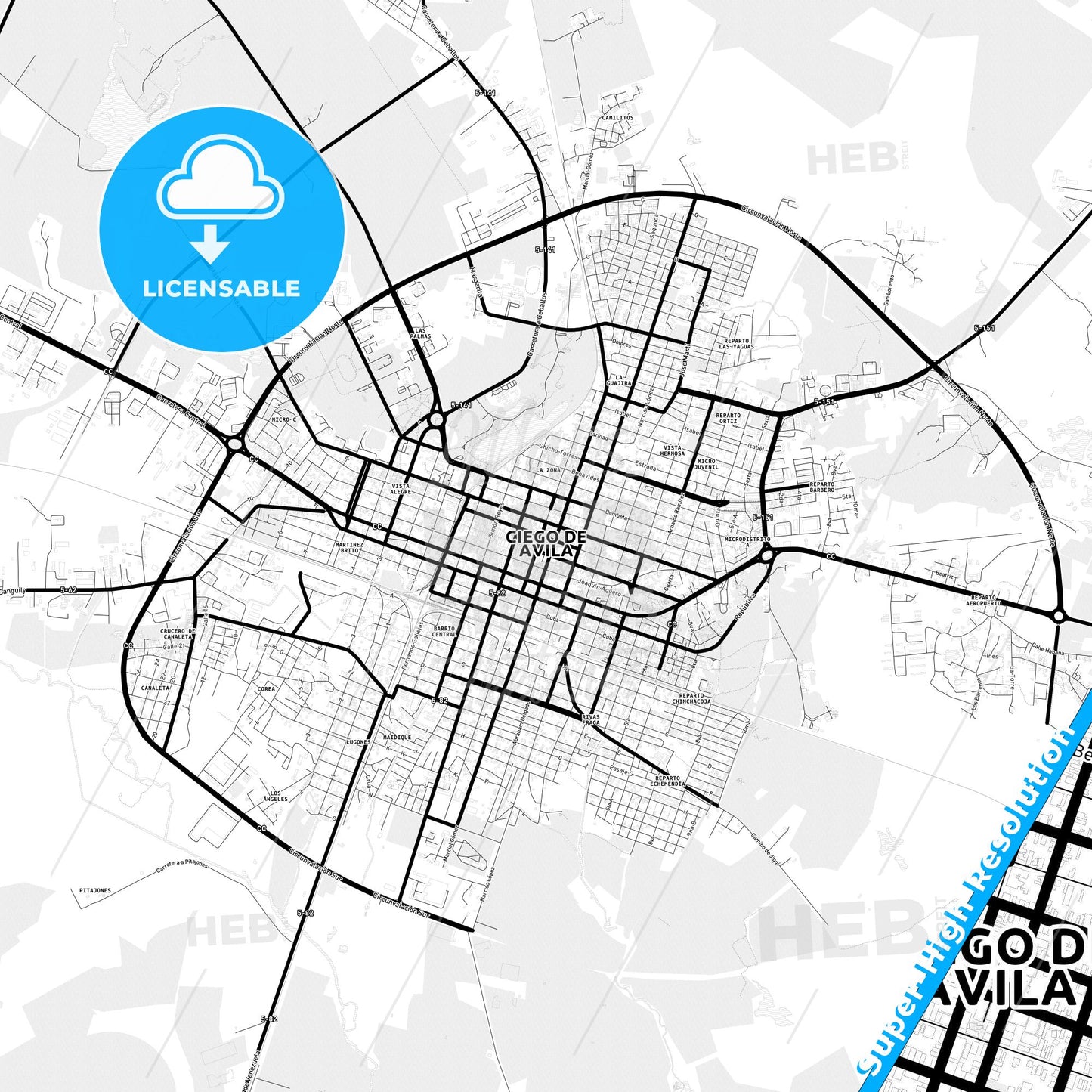 Ciego de Ávila, Cuba Light Map with Street Names, City Names, and Districts