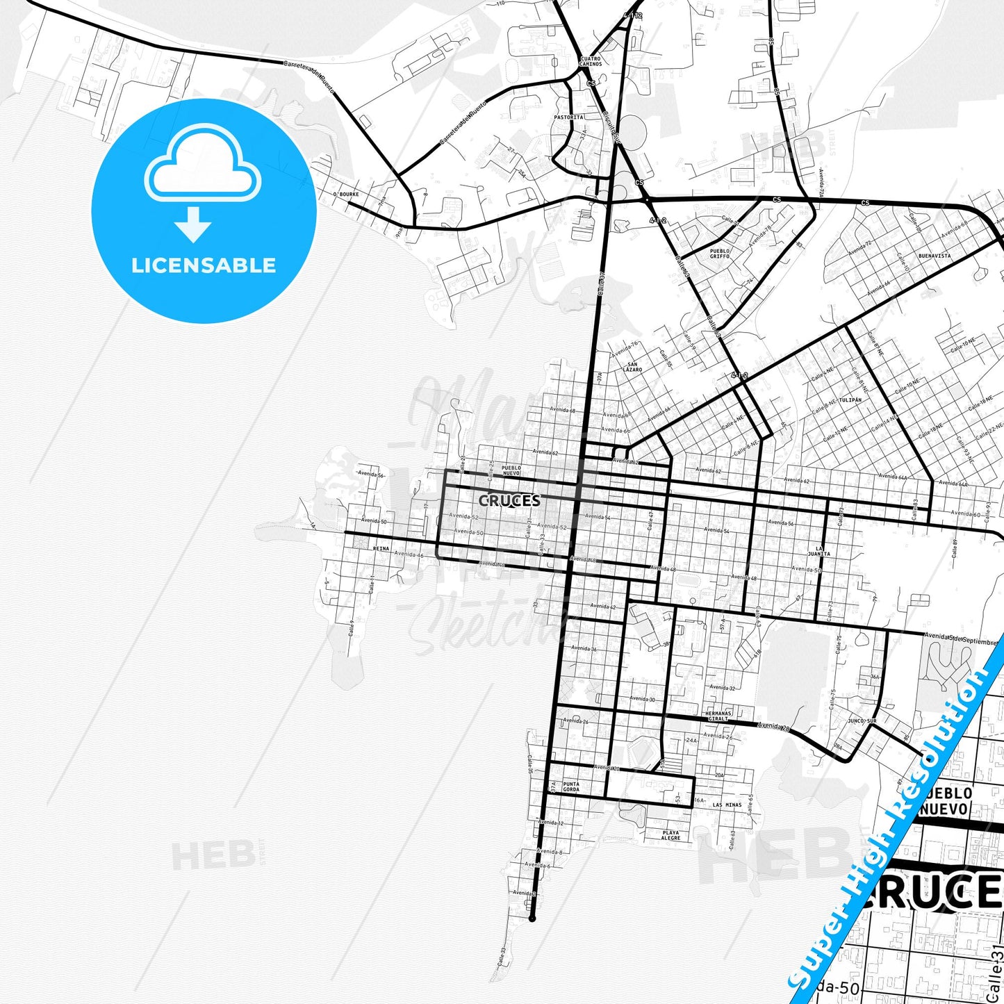 Cienfuegos, Cuba Light Map with Street Names, City Names, and Districts