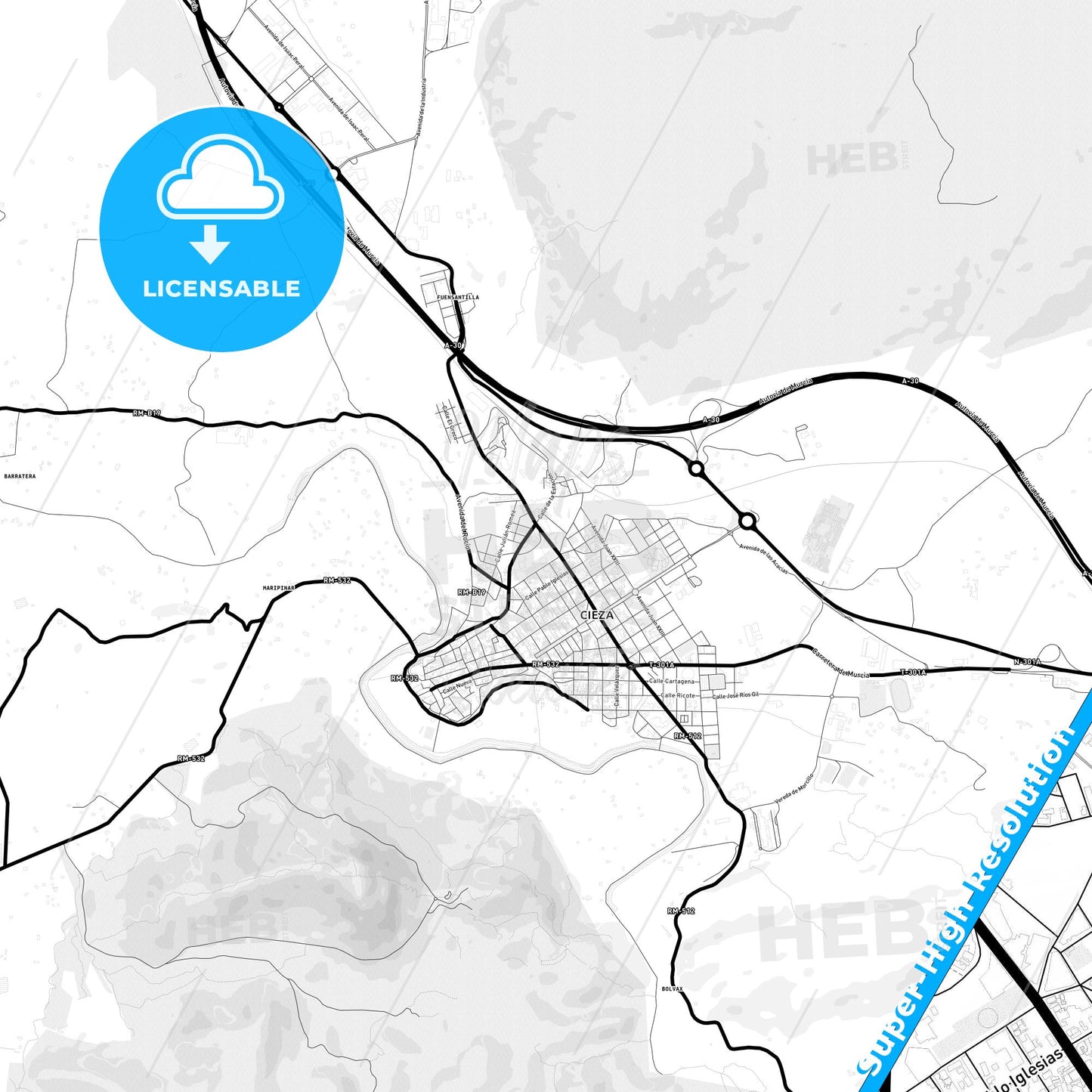 Cieza, Spain Light Map with Street Names, City Names, and Districts