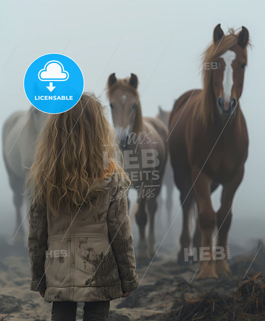 Cinematic painting of a 9-year-old girl playing with horses in a foggy desert, full-body shot, vibrant colors, art focus
