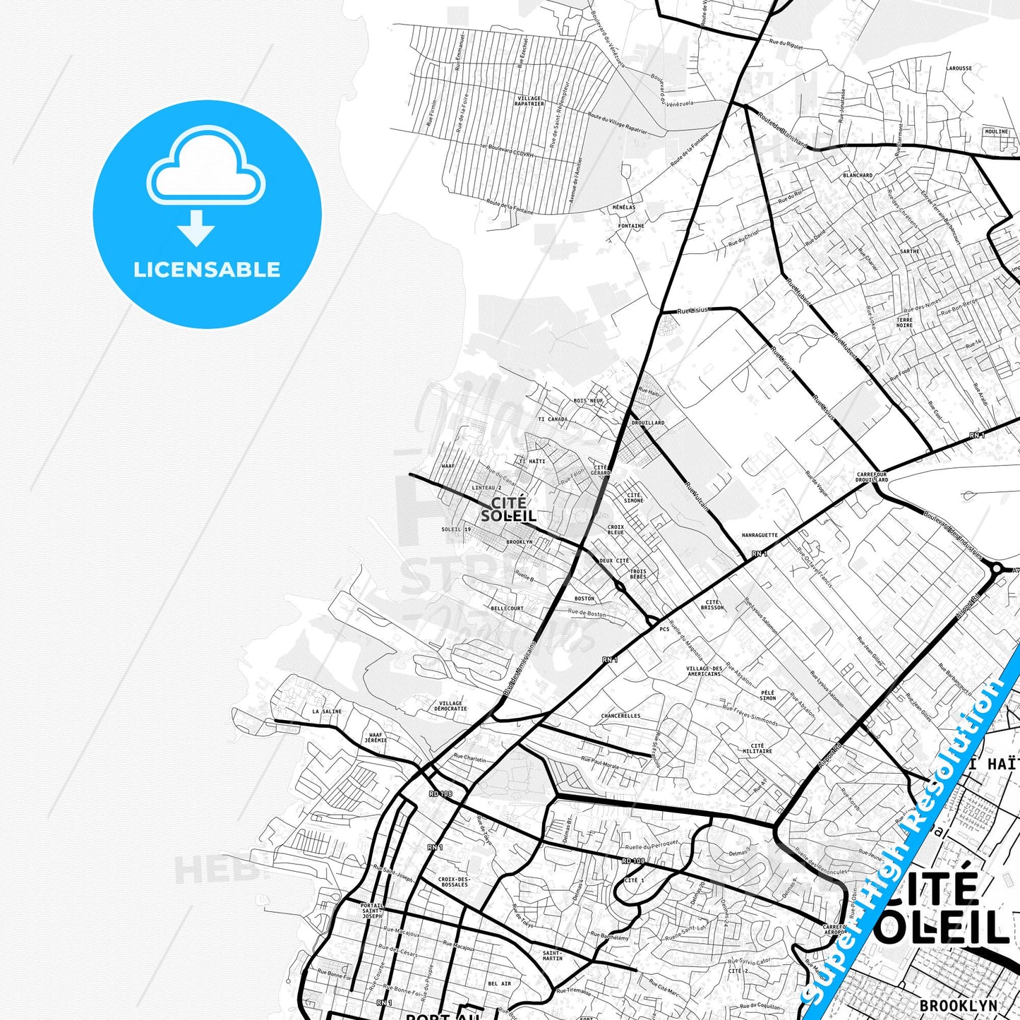 Cité Soleil, Haiti Light Map with Street Names, City Names, and Districts