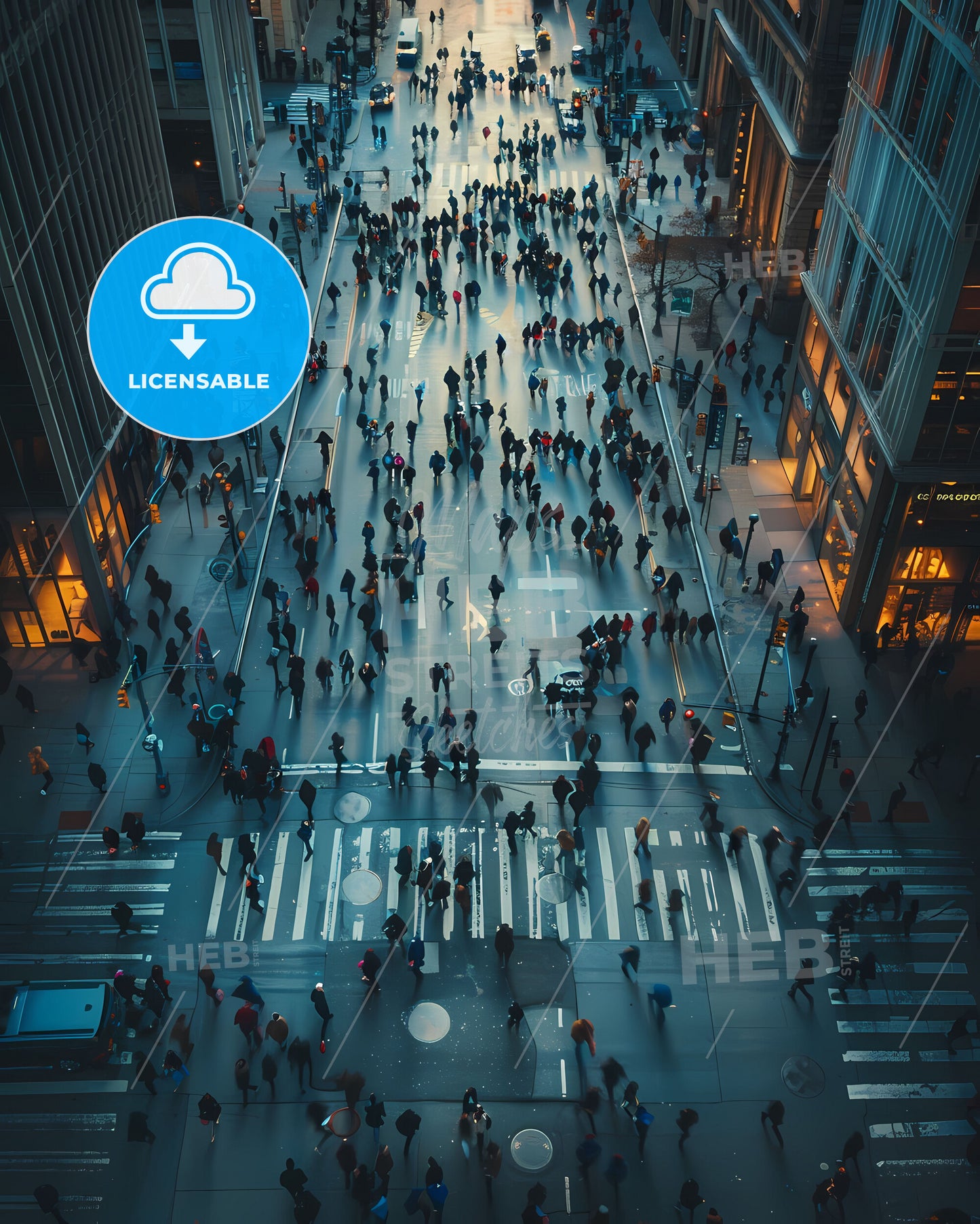 Vibrant City Scene Depicting Crowds, Blockchain Technology, and Currency