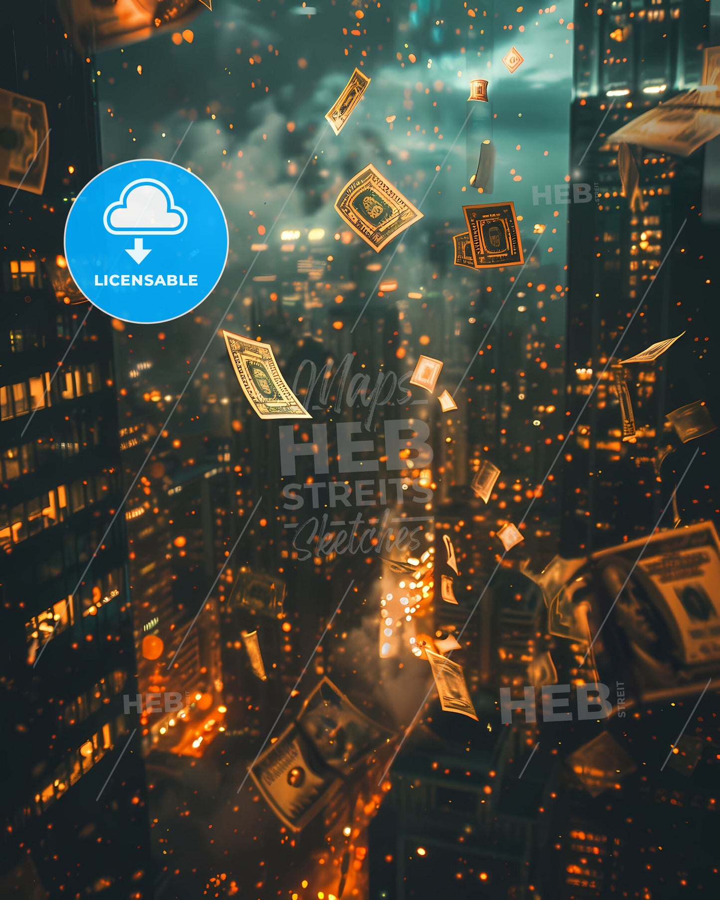 Digital art, financial technology, blockchain, global business, aerial city view, money flying