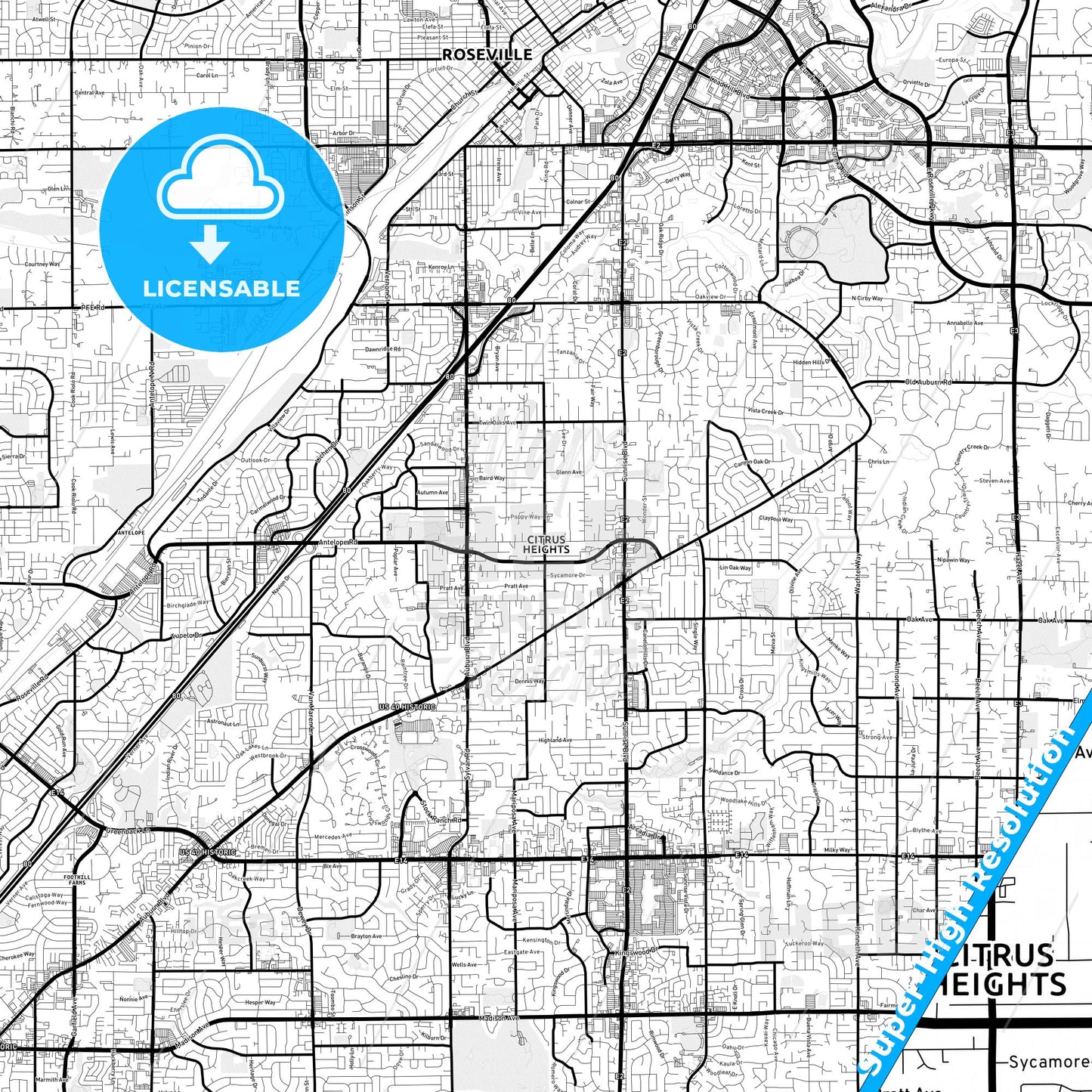 Citrus Heights, California Light Map with Street Names, City Names, and Districts
