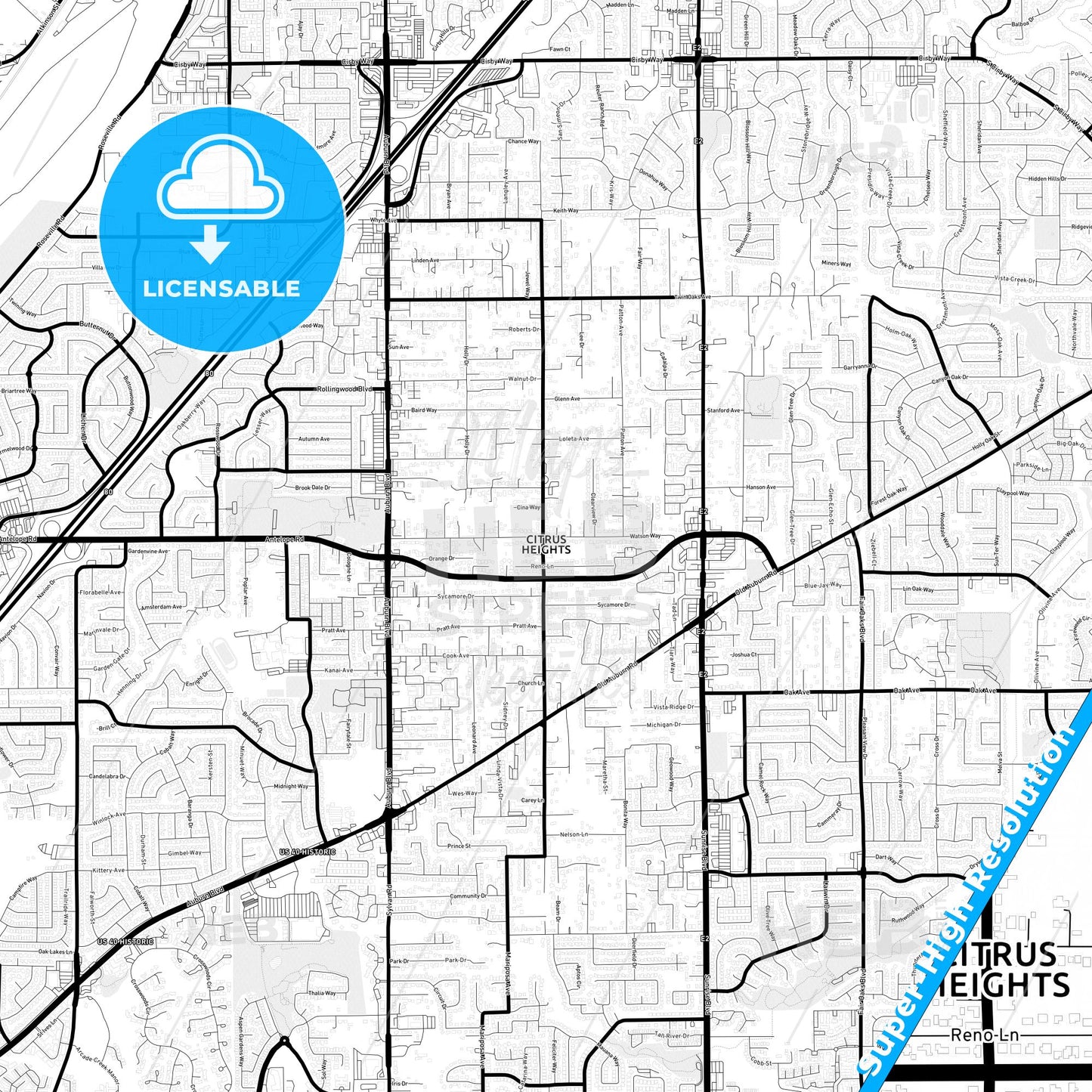 Citrus Heights, California Light Map with Street Names, City Names, and Districts