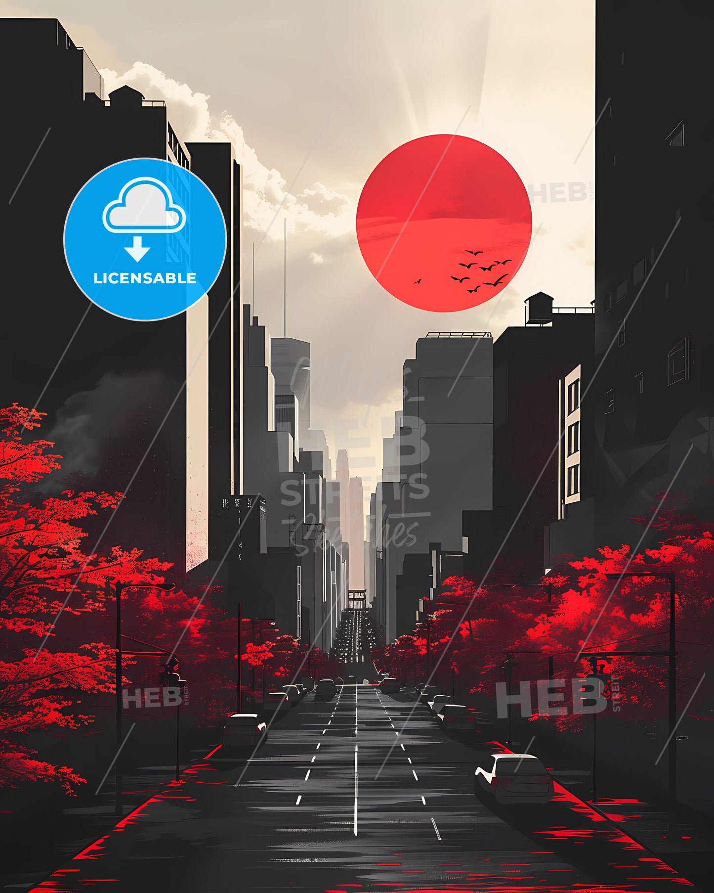 City Walk: A Serene Urban Landscape Depicted in Vibrant Red and Black, Capturing the ArtisticEssence