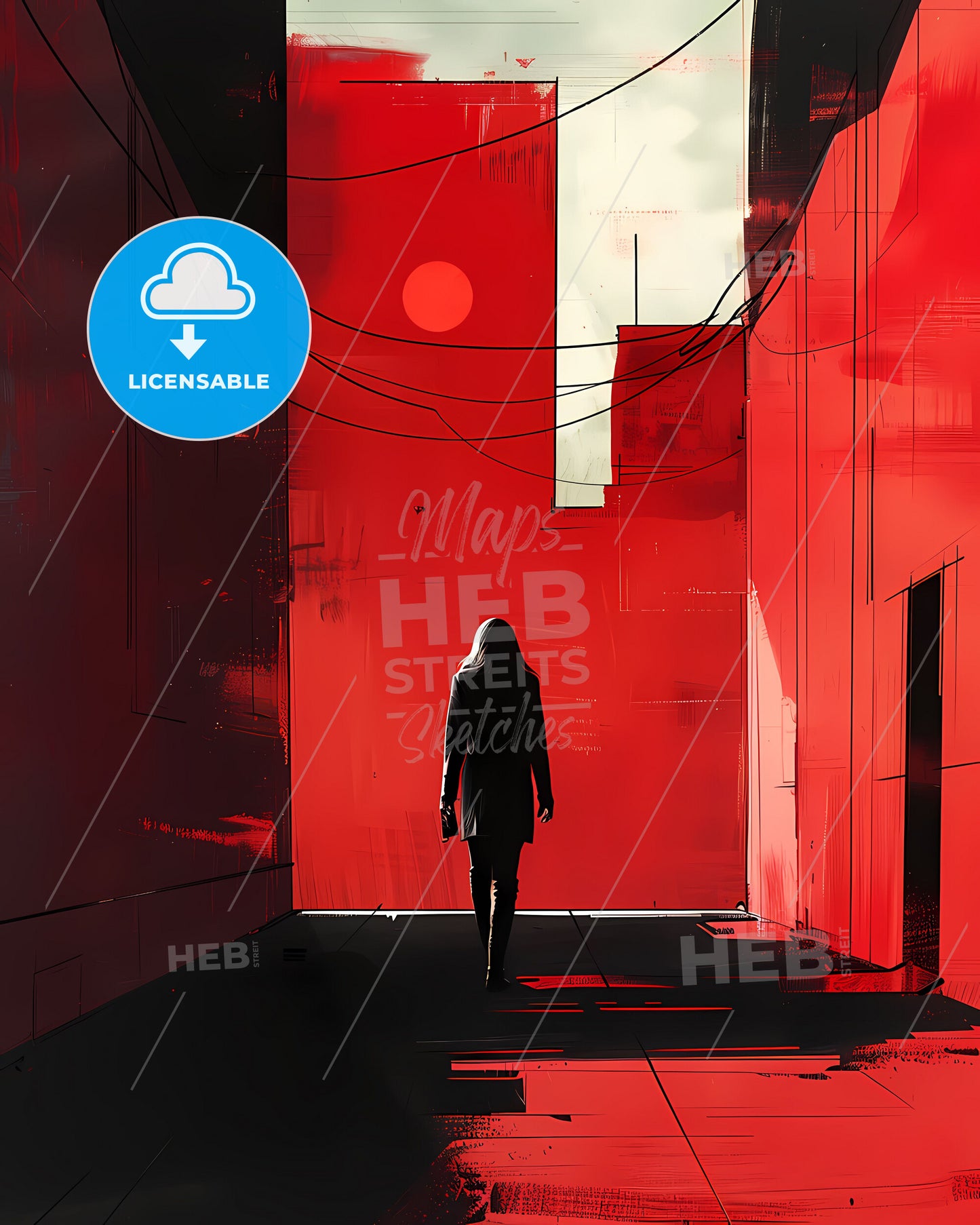 Cityscape painting, modern art, hallway, red and black, digital painting, 2D, minimalist, graphic design, abstract