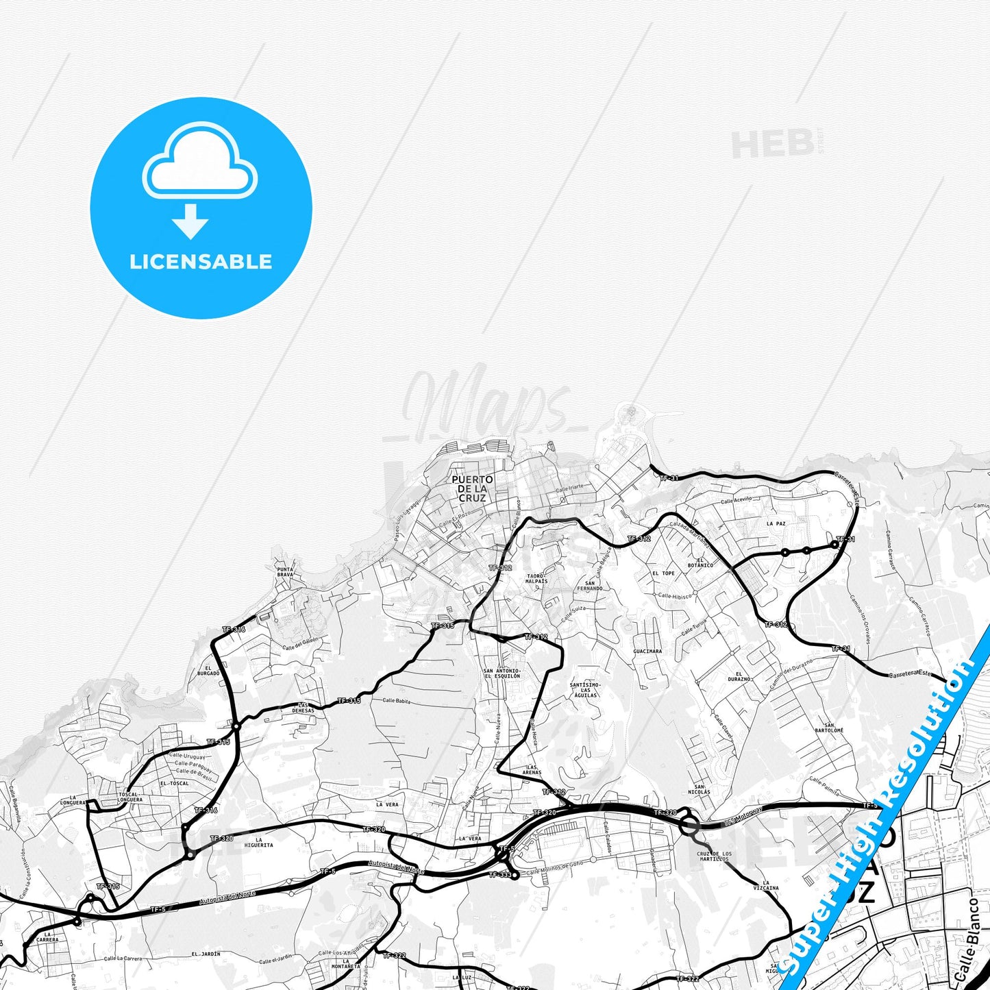 City Center, Spain Light Map with Street Names, City Names, and Districts