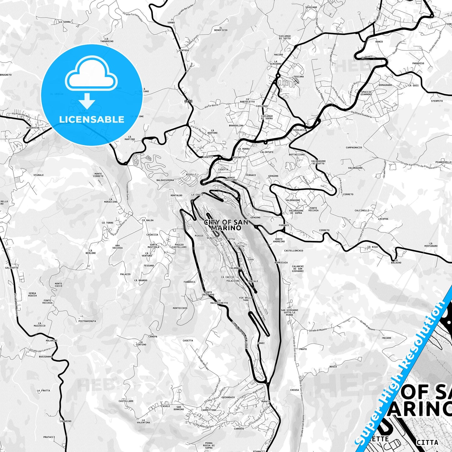City of San Marino, San Marino Light Map with Street Names, City Names, and Districts