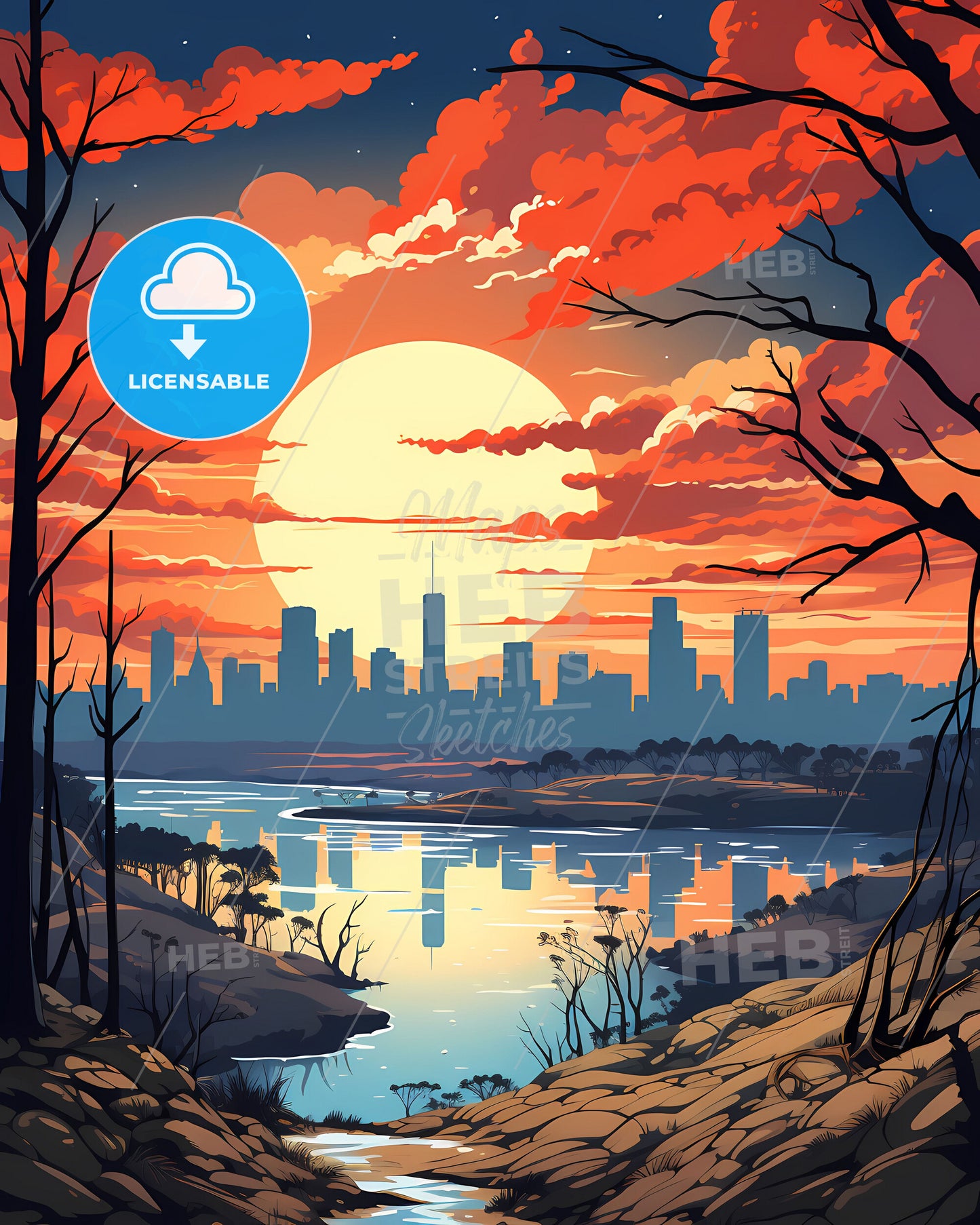 Vibrant Sunset Over River with City Skyline, Capturing the Artistic Essence of Ciudad del Este, Paraguay