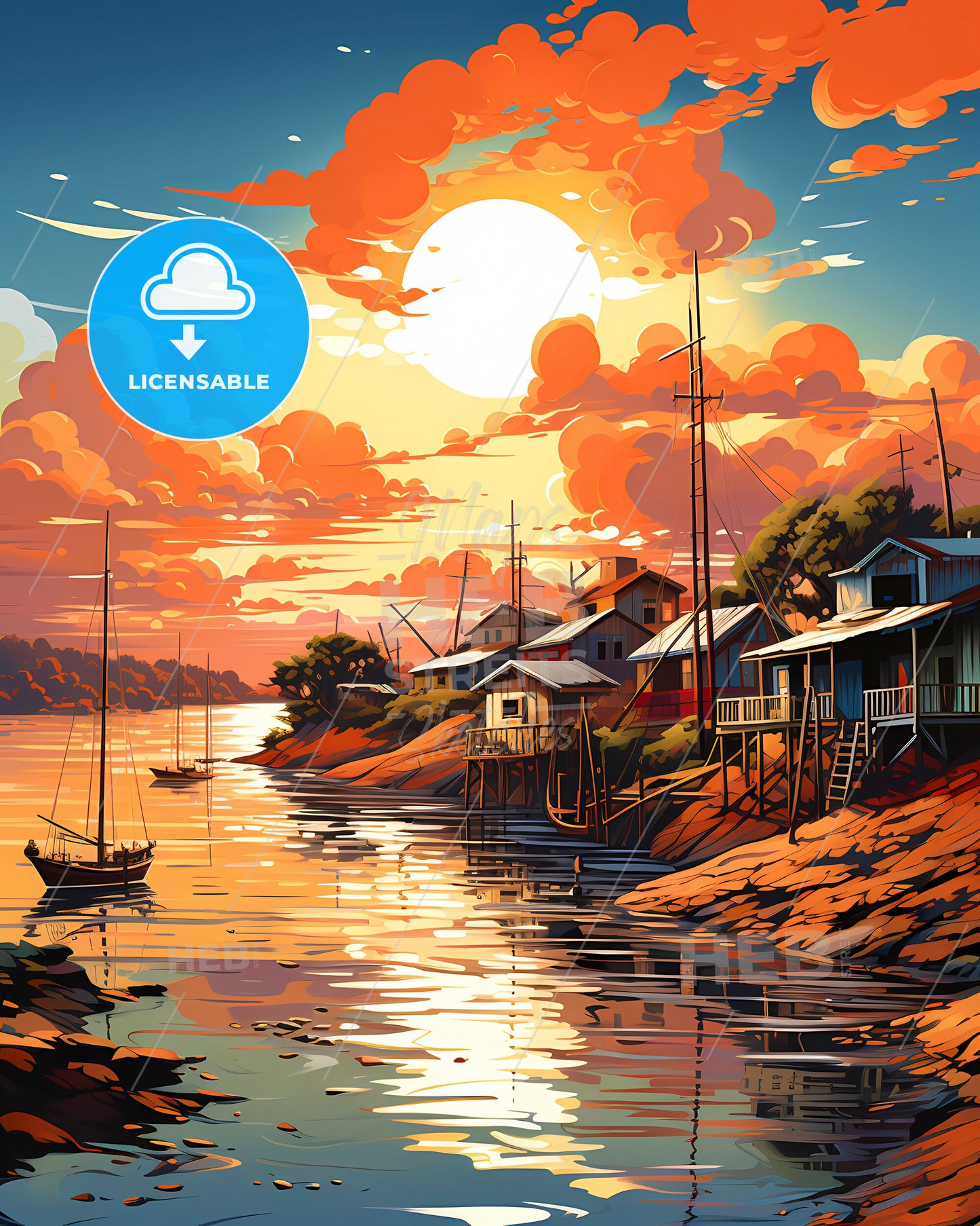 Painted Skyline of Ciudad del Este Paraguay with River, Houses, and Boats