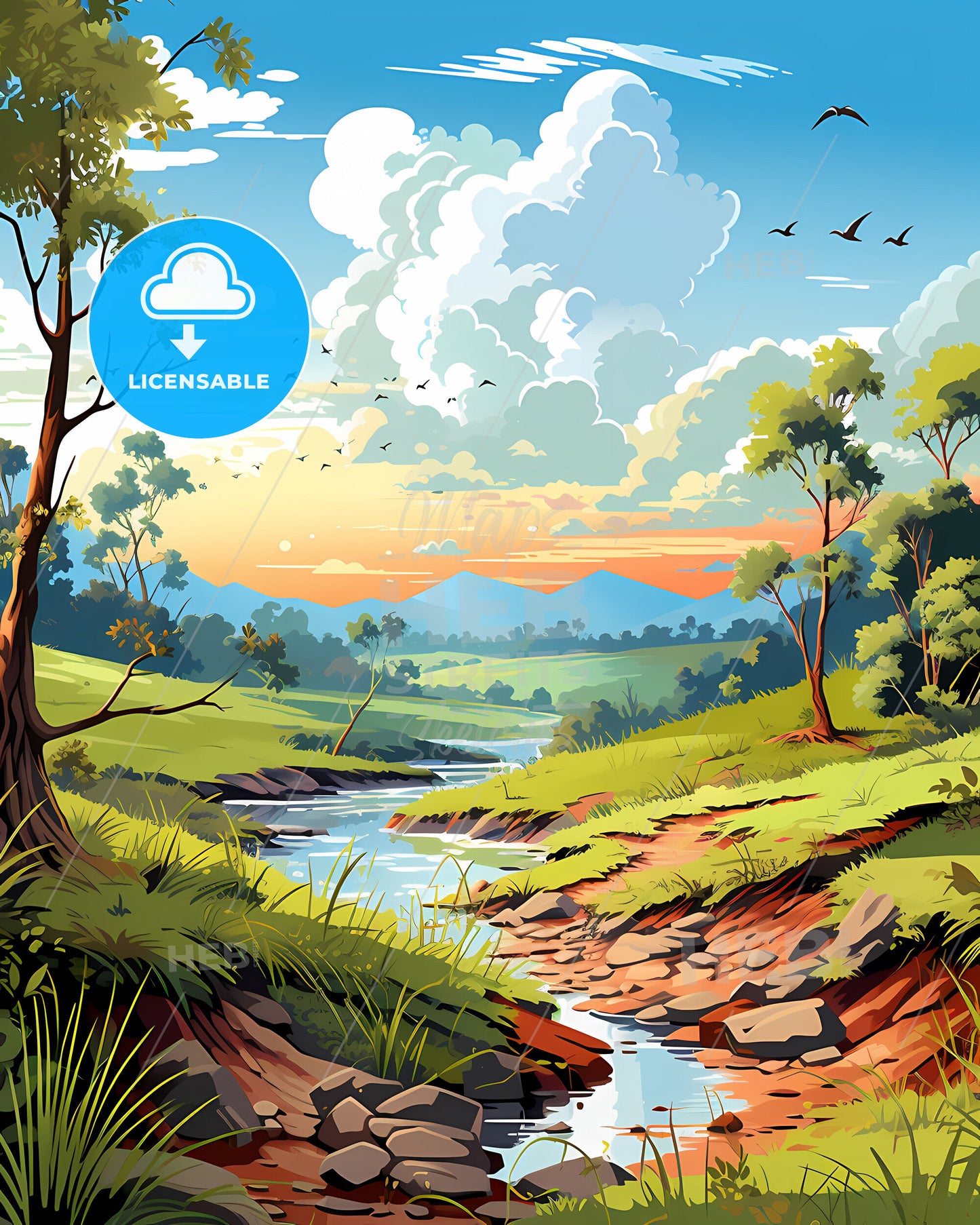 Vibrant River Valley City Skyline Painting, Ciudad Guayana, Venezuela