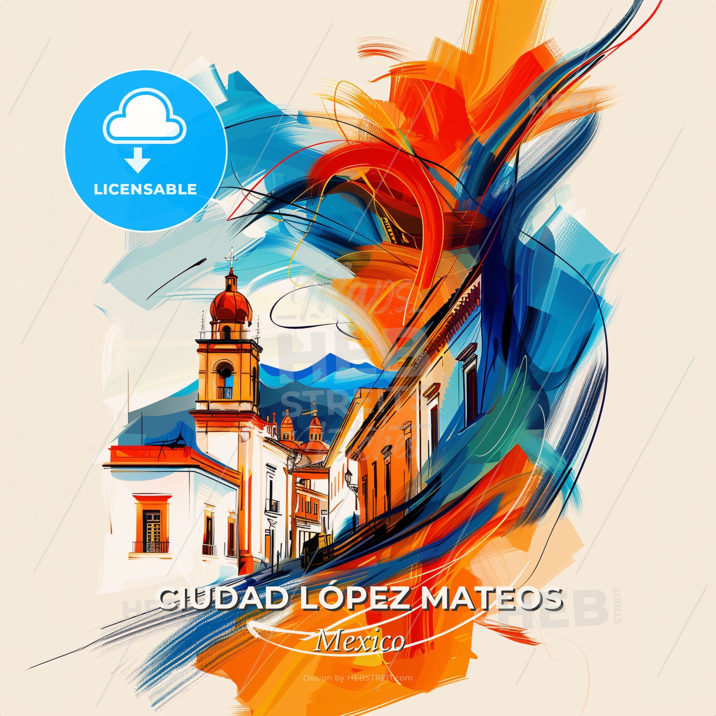 Vibrant Ciudad López Mateos, Mexico - A Painting Of A Building With A Tower - Square format print template