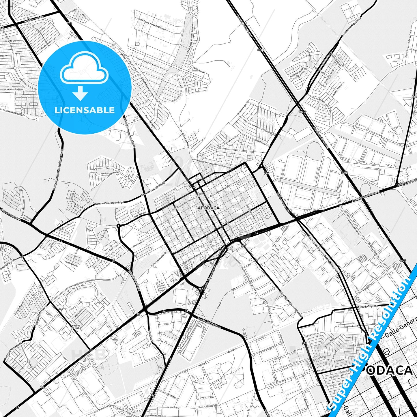 Ciudad Apodaca, Mexico Light Map with Street Names, City Names, and Districts