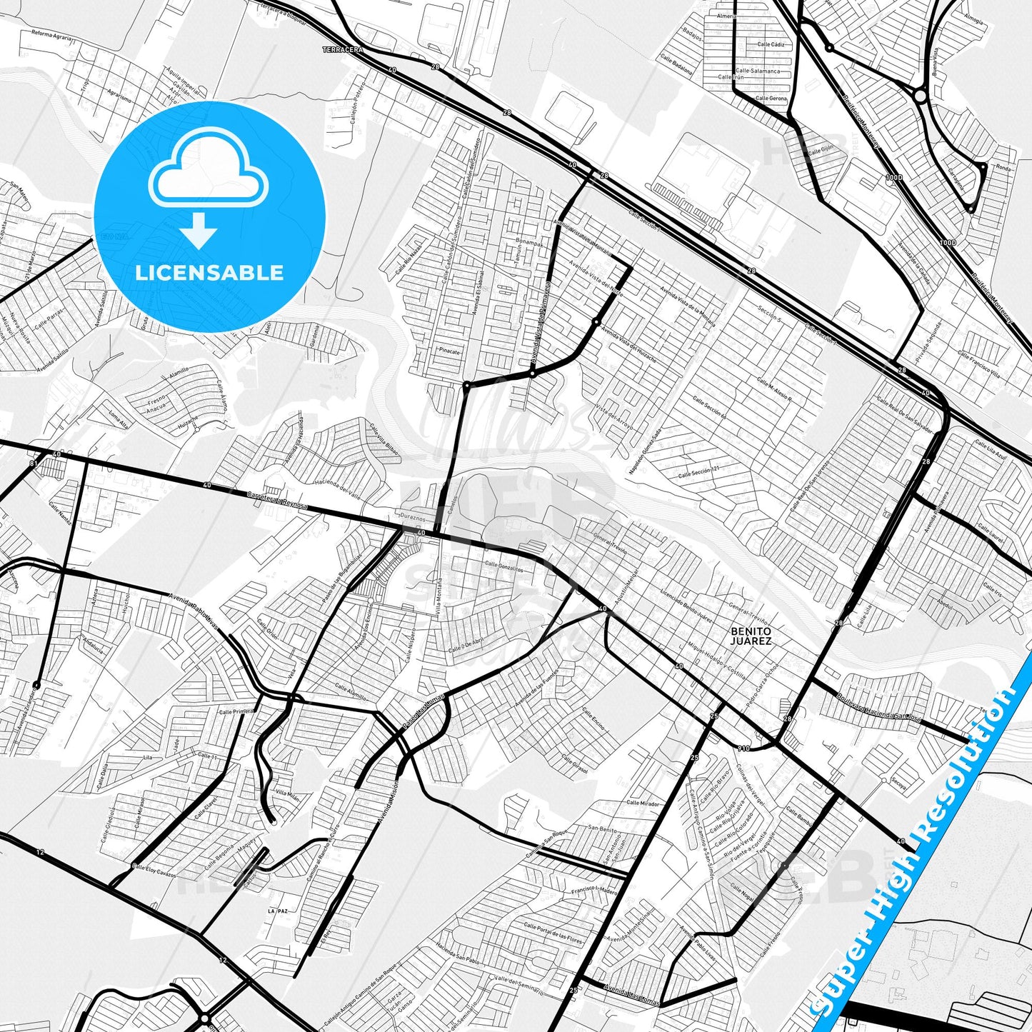 Ciudad Benito Juárez, Mexico Light Map with Street Names, City Names, and Districts