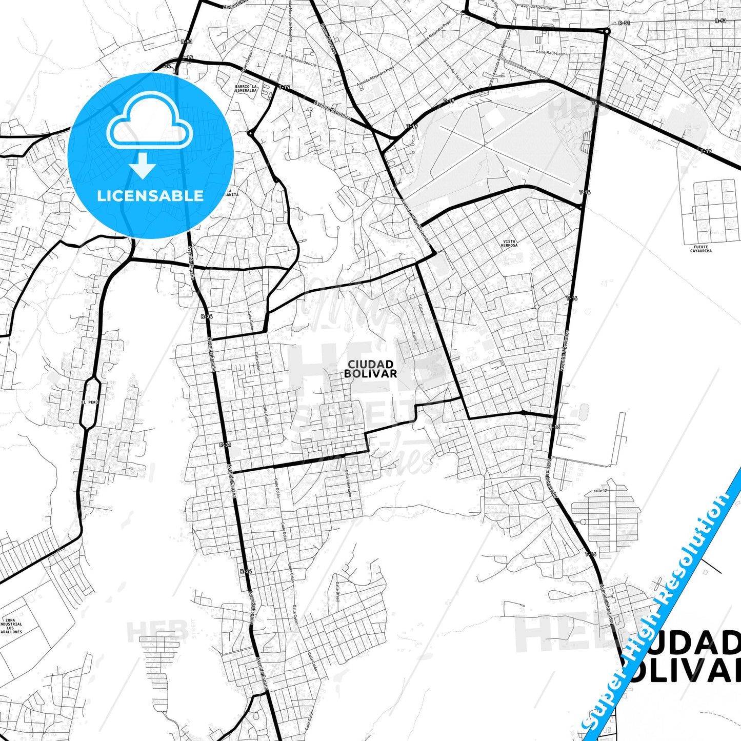 Ciudad Bolivar, Venezuela Light Map with Street Names, City Names, and Districts