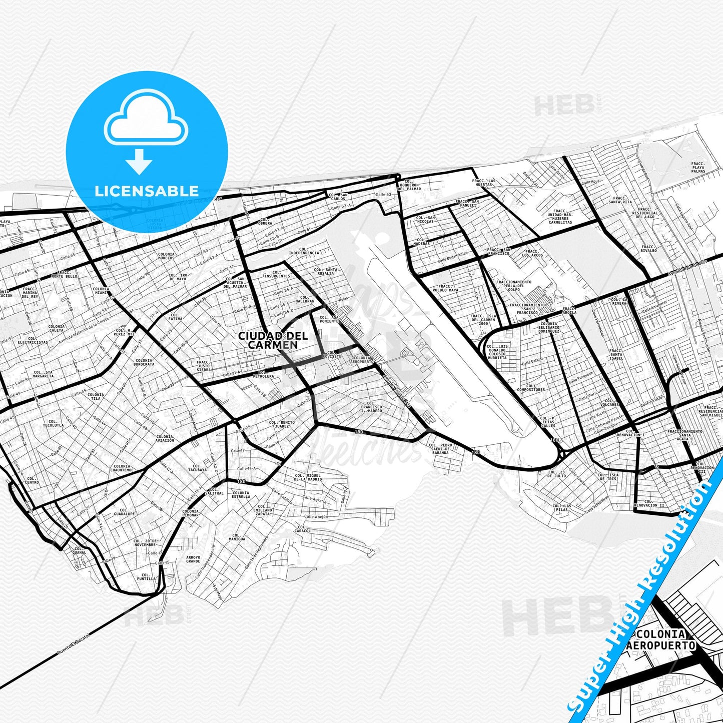 Ciudad del Carmen, Mexico Light Map with Street Names, City Names, and Districts