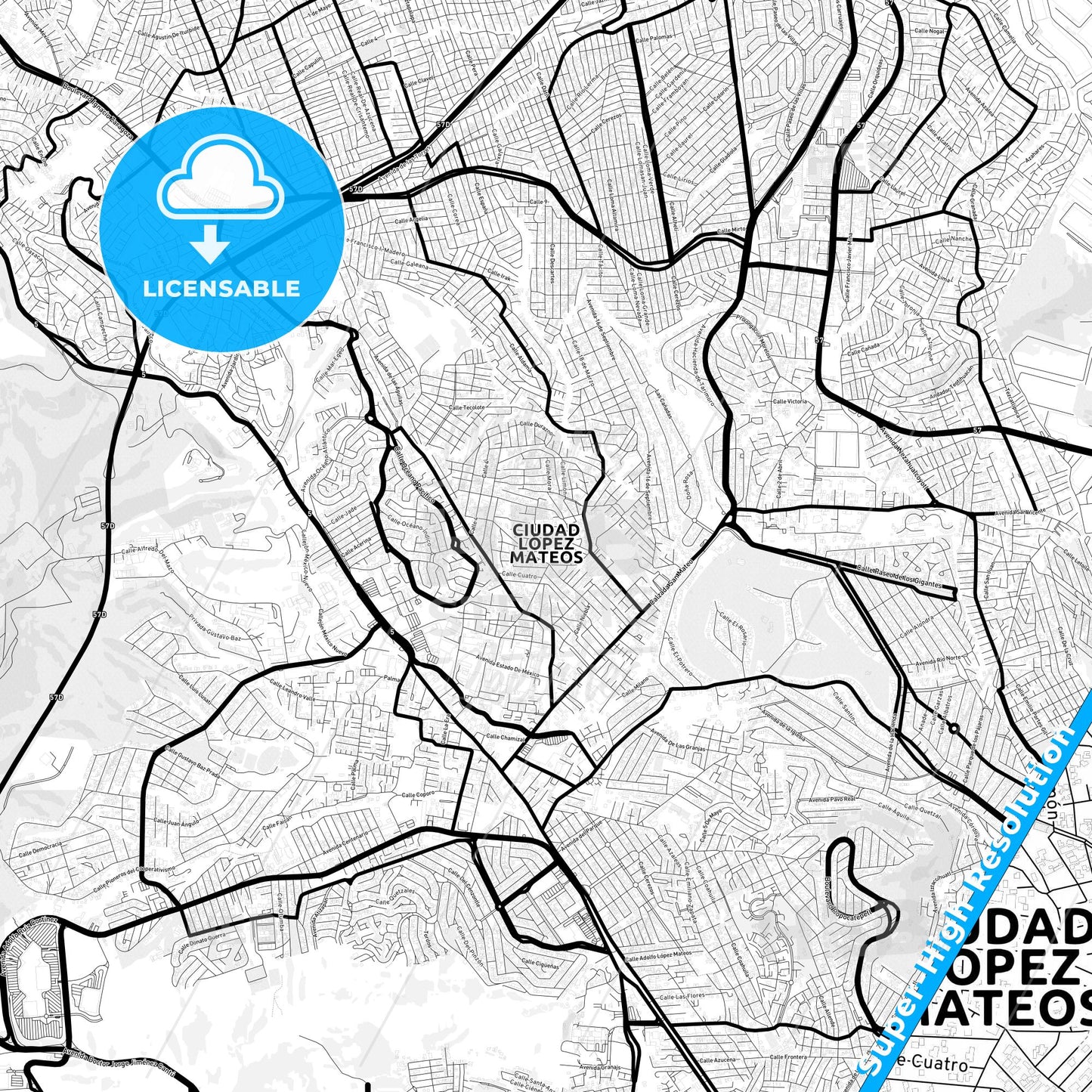 Ciudad López Mateos, Mexico Light Map with Street Names, City Names, and Districts