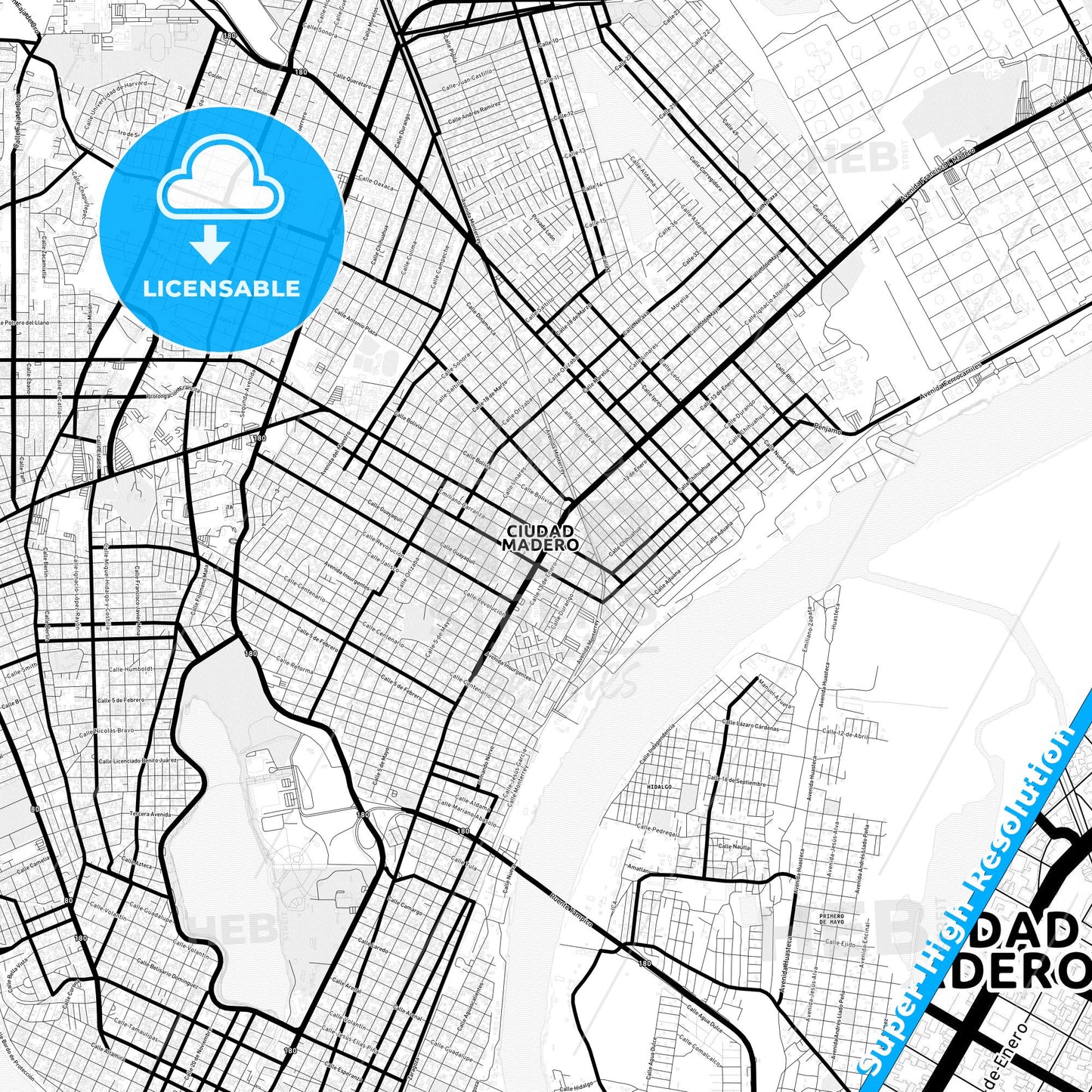 Ciudad Madero, Mexico Light Map with Street Names, City Names, and Districts