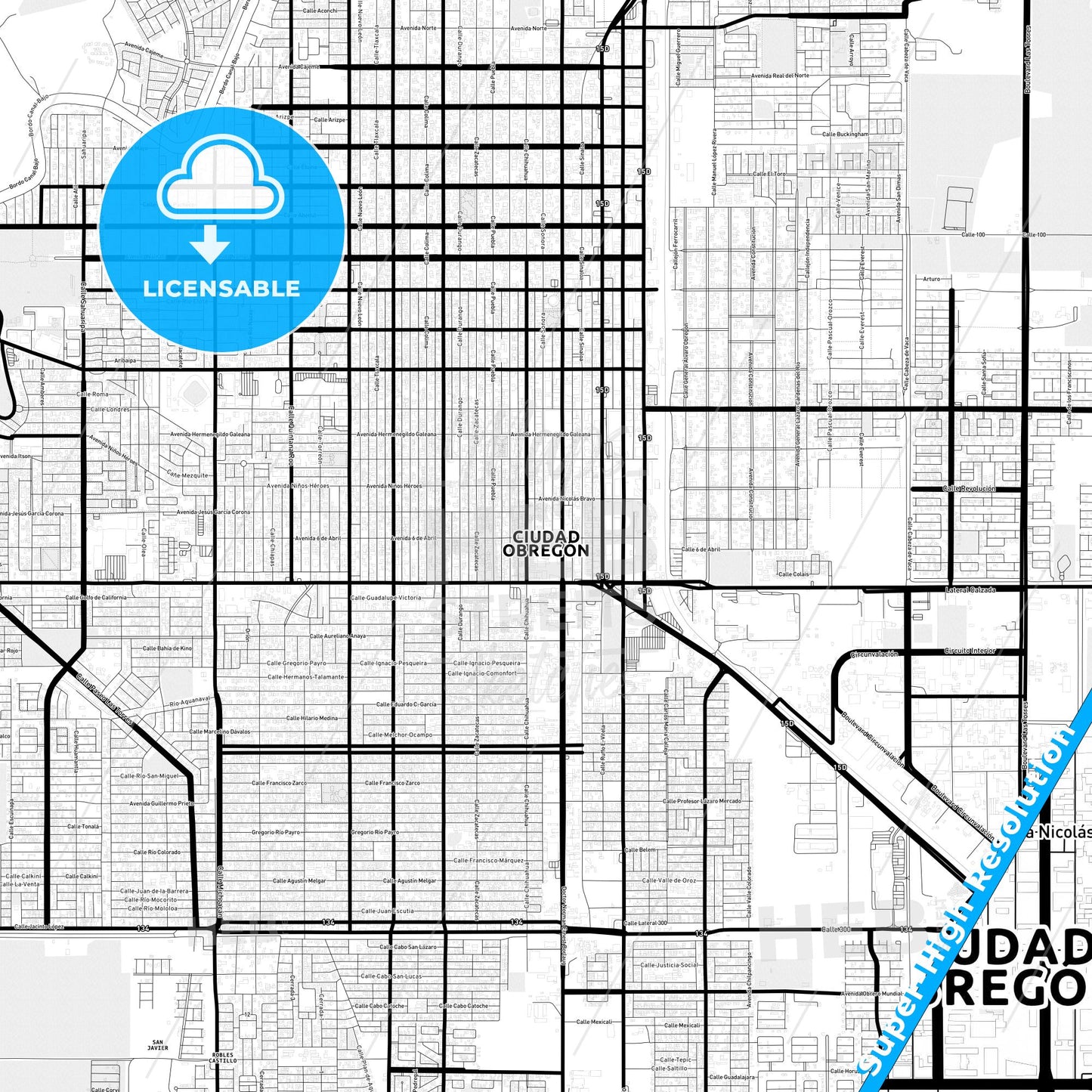 Ciudad Obregón, Mexico Light Map with Street Names, City Names, and Districts