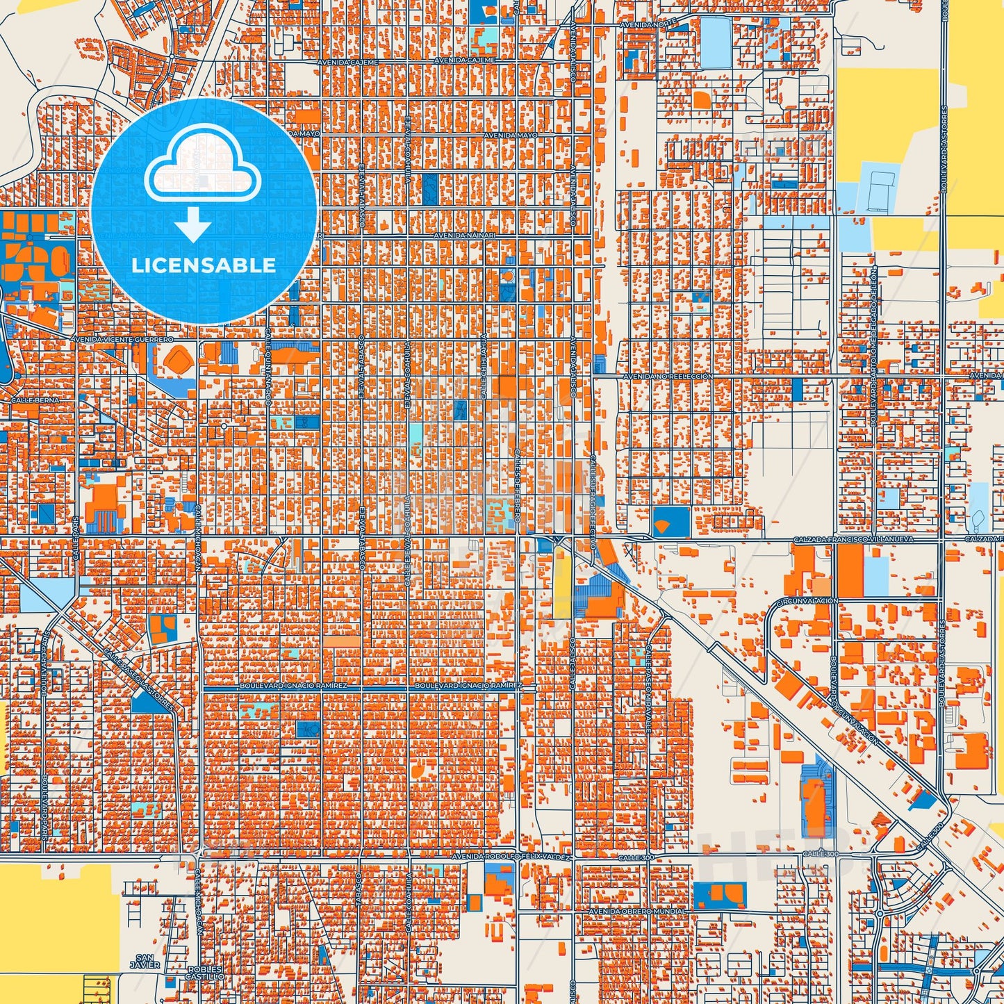 Colorful Ciudad Obregón Street Map with Labels and Buildings