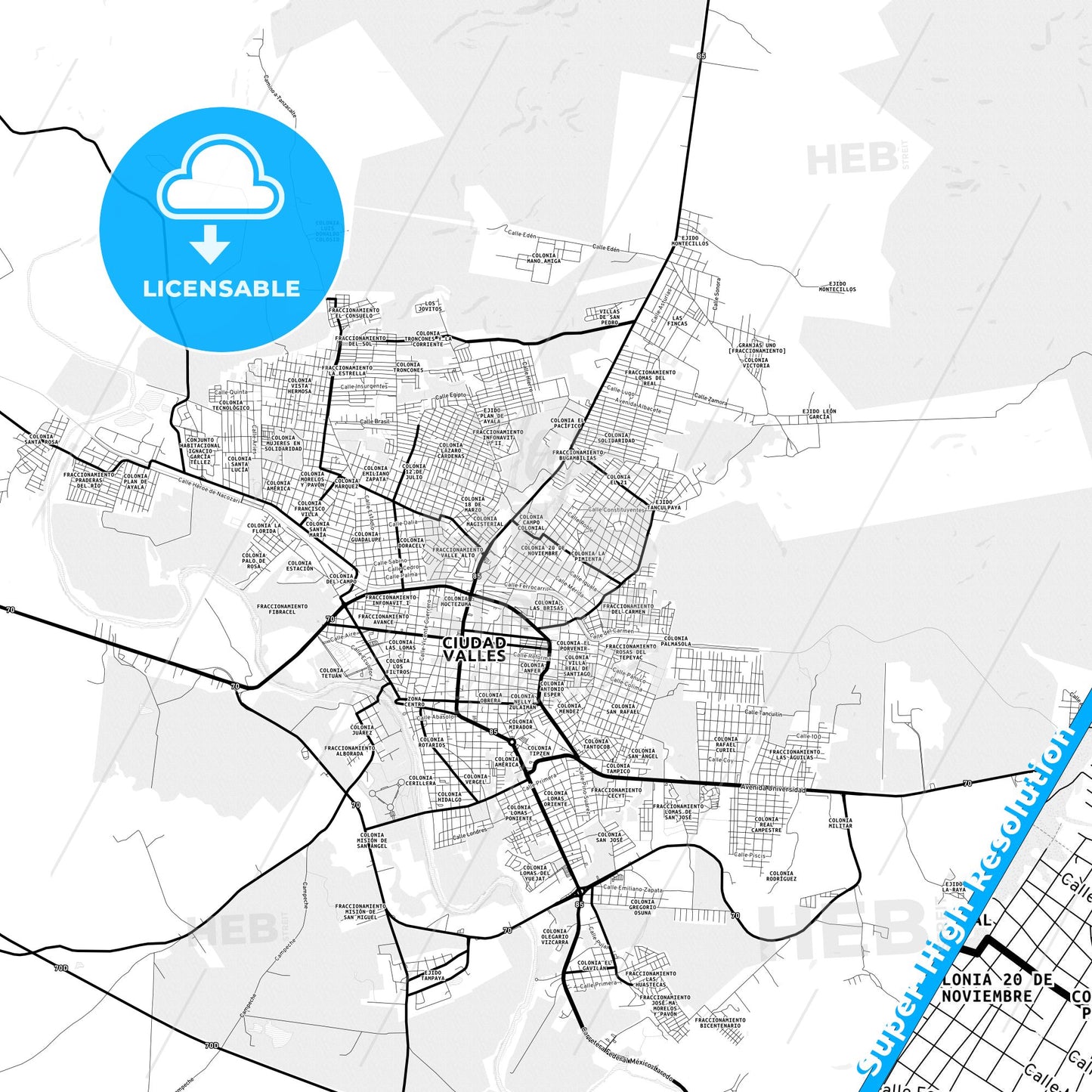 Ciudad Valles, Mexico Light Map with Street Names, City Names, and Districts