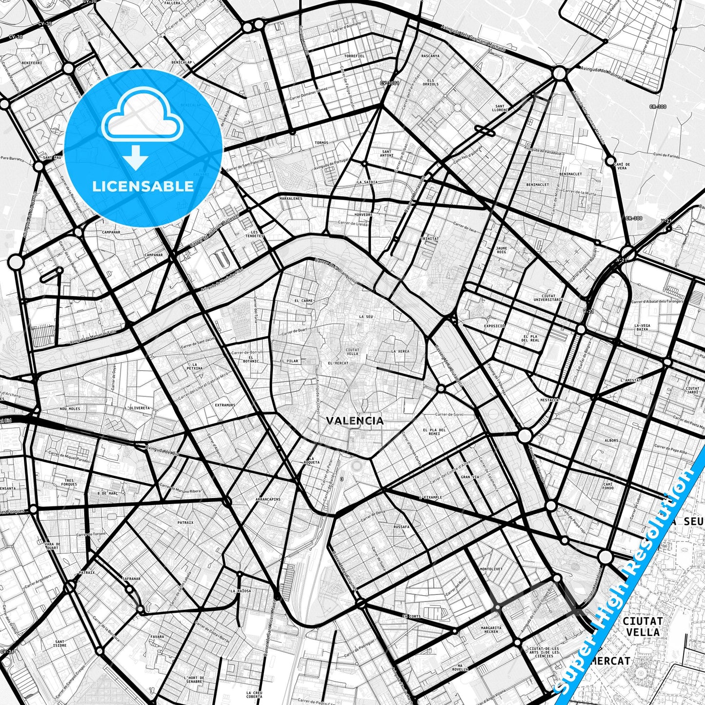Ciutat Vella, Spain Light Map with Street Names, City Names, and Districts