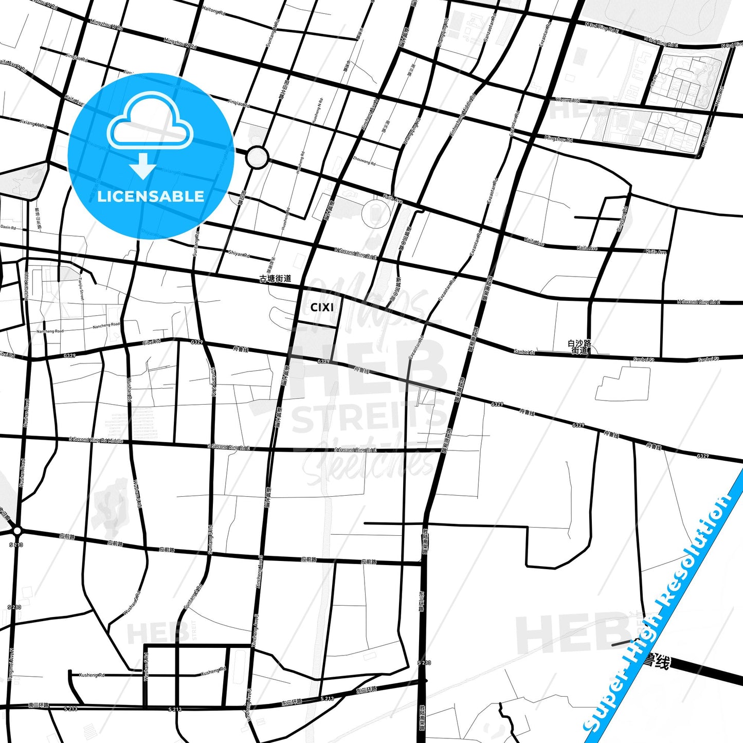 Cixi, China Light Map with Street Names, City Names, and Districts