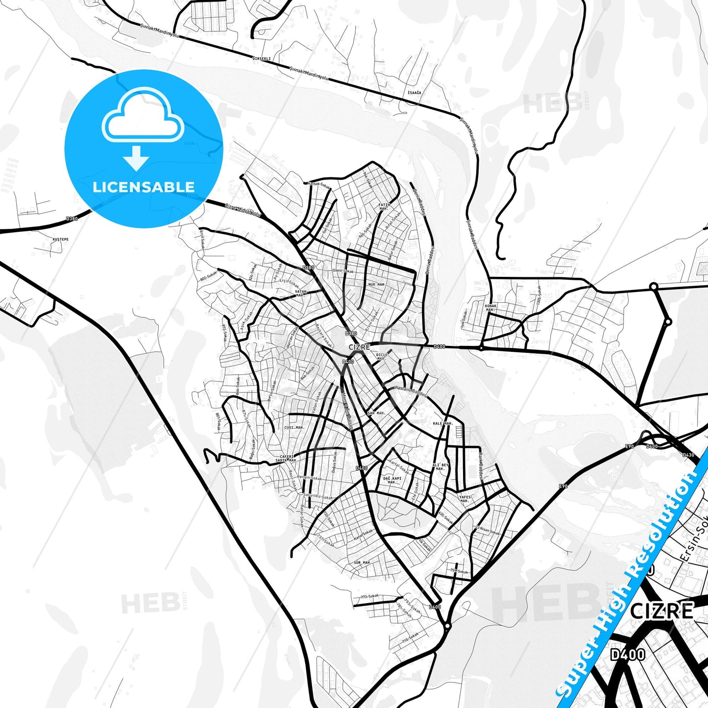 Cizre, Turkey Light Map with Street Names, City Names, and Districts
