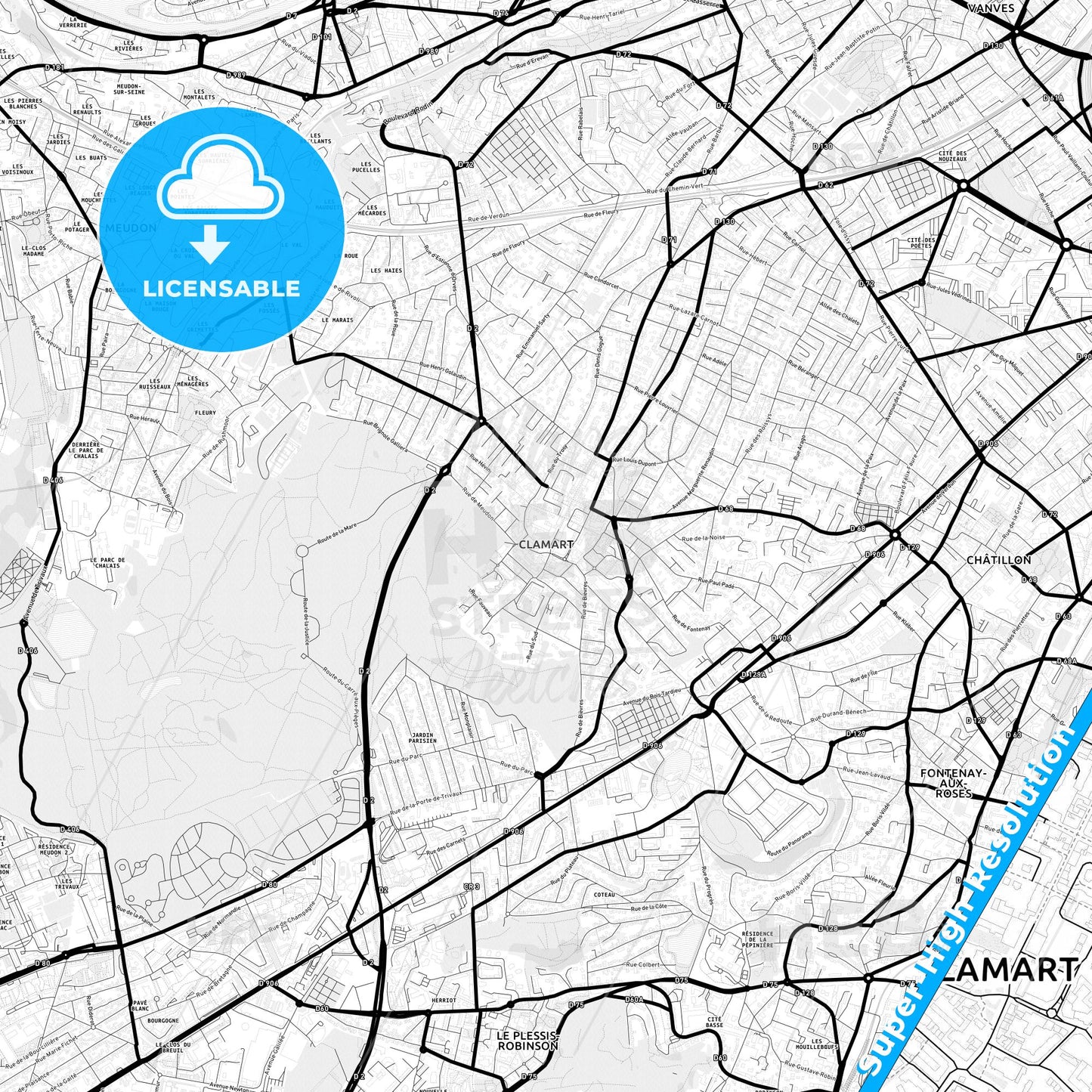 Clamart, France Light Map with Street Names, City Names, and Districts