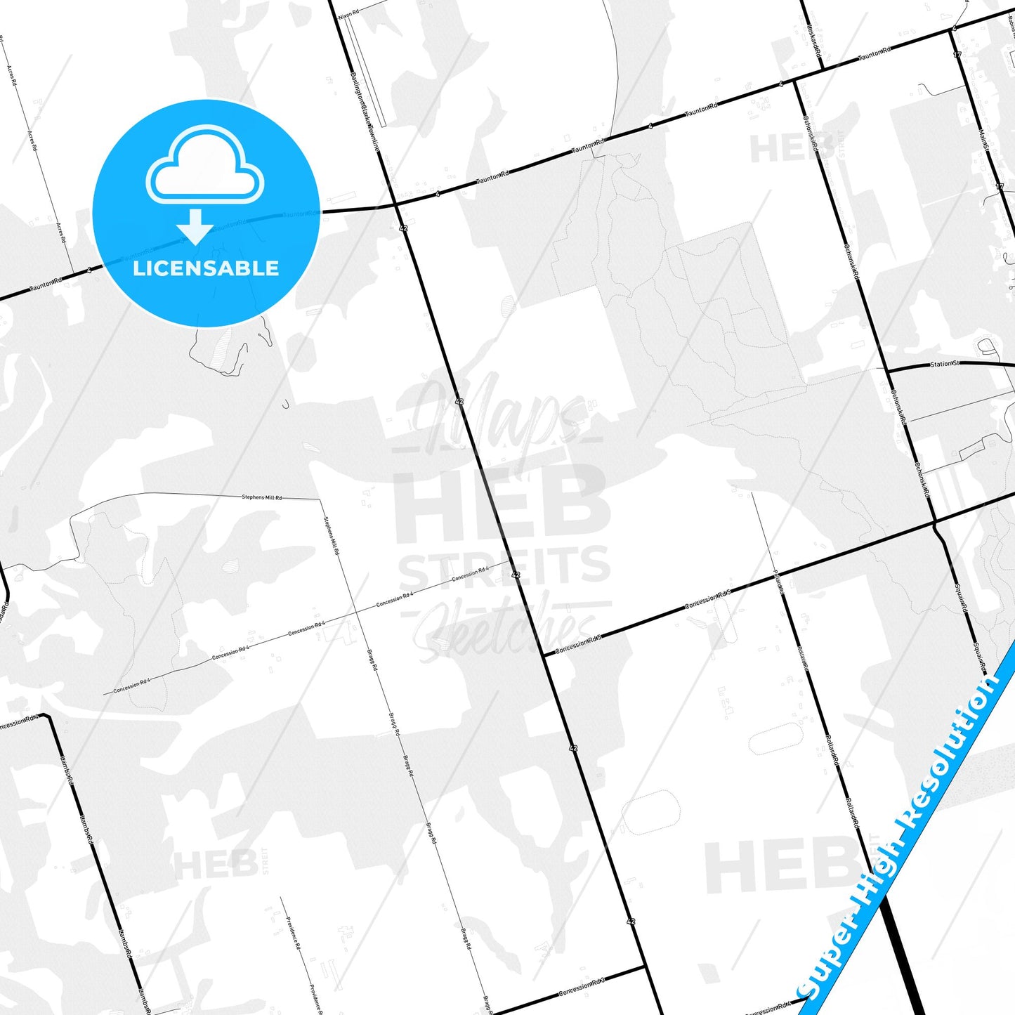 Clarington, Canada Light Map with Street Names, City Names, and Districts