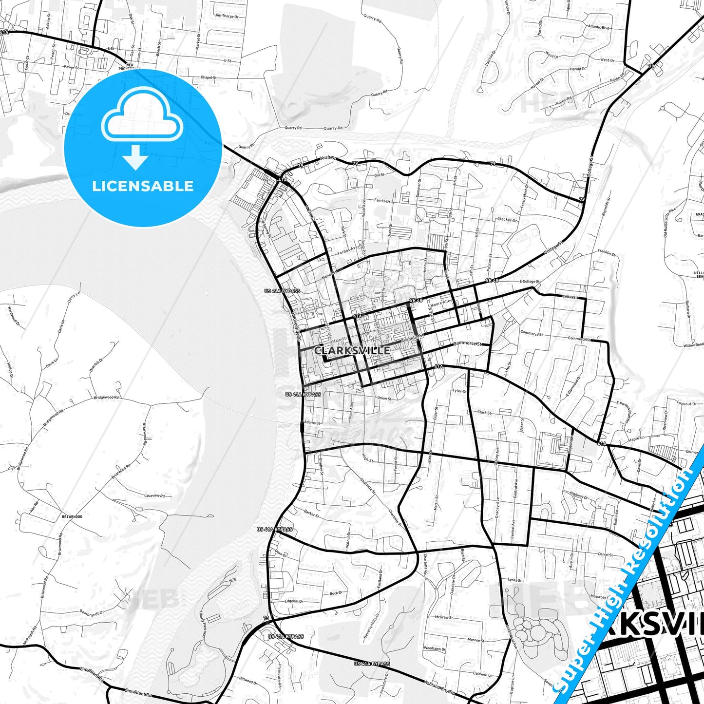 Clarksville, Tennessee Light Map with Street Names, City Names, and Districts