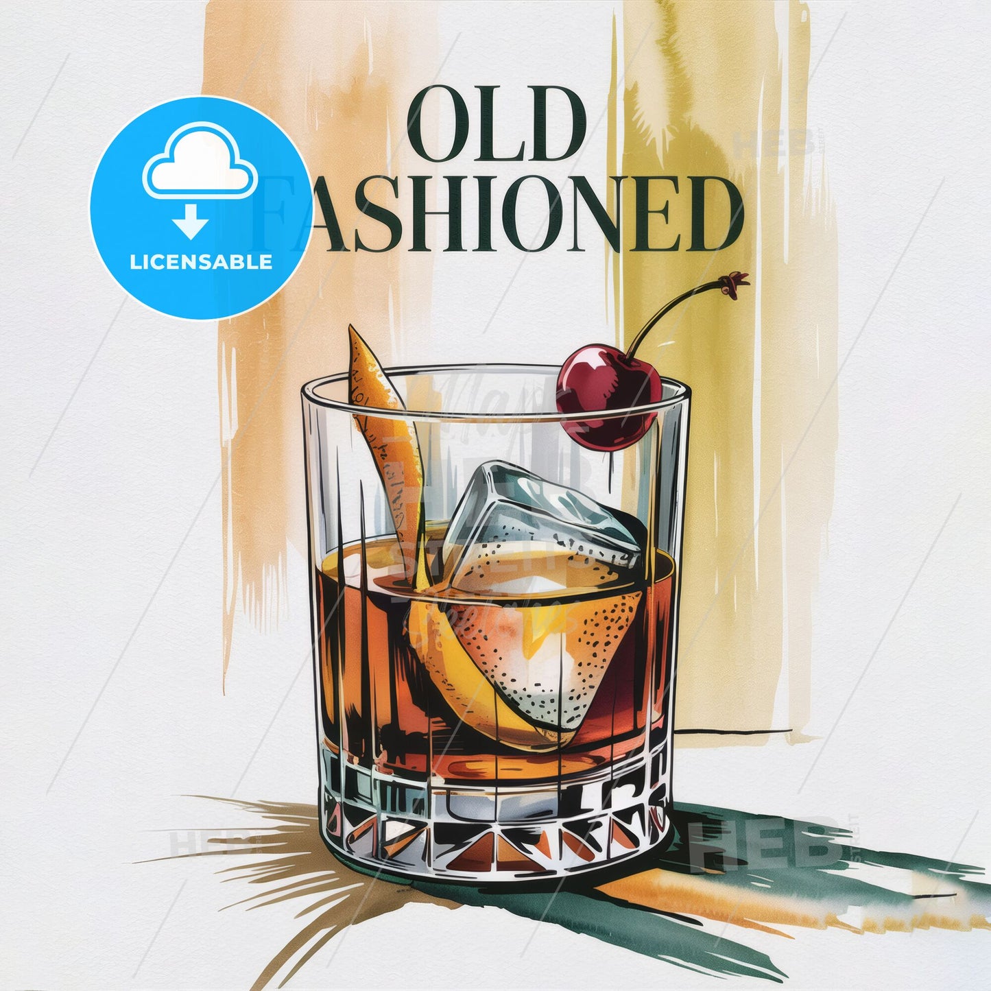 Classic Old Fashioned Cocktail in a Stylish Glass with Orange Twist and Cherry Garnish on Elegant Background.